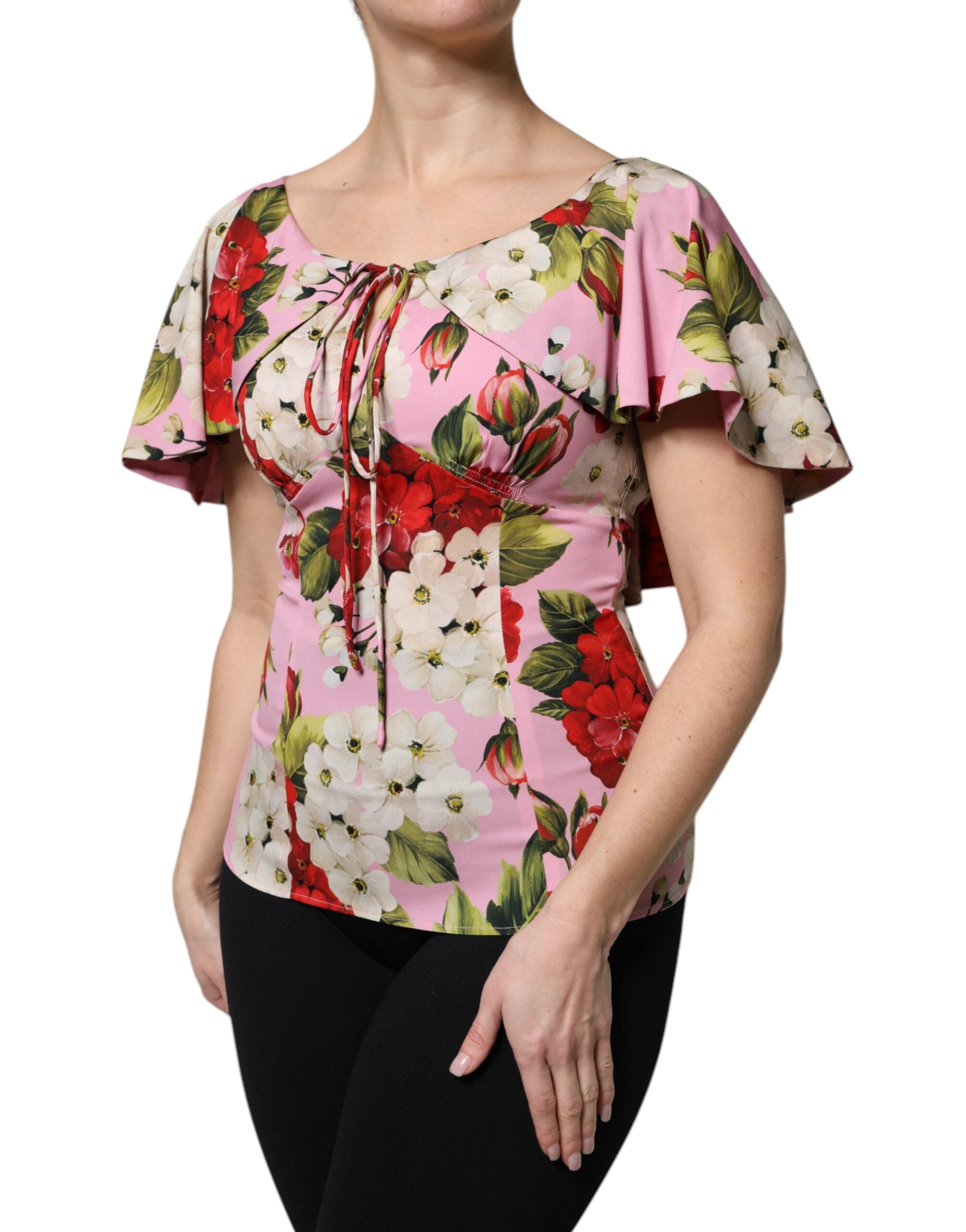 Dolce & Gabbana Pink Floral Silk Short Sleeves Blouse Top Dolce & Gabbana