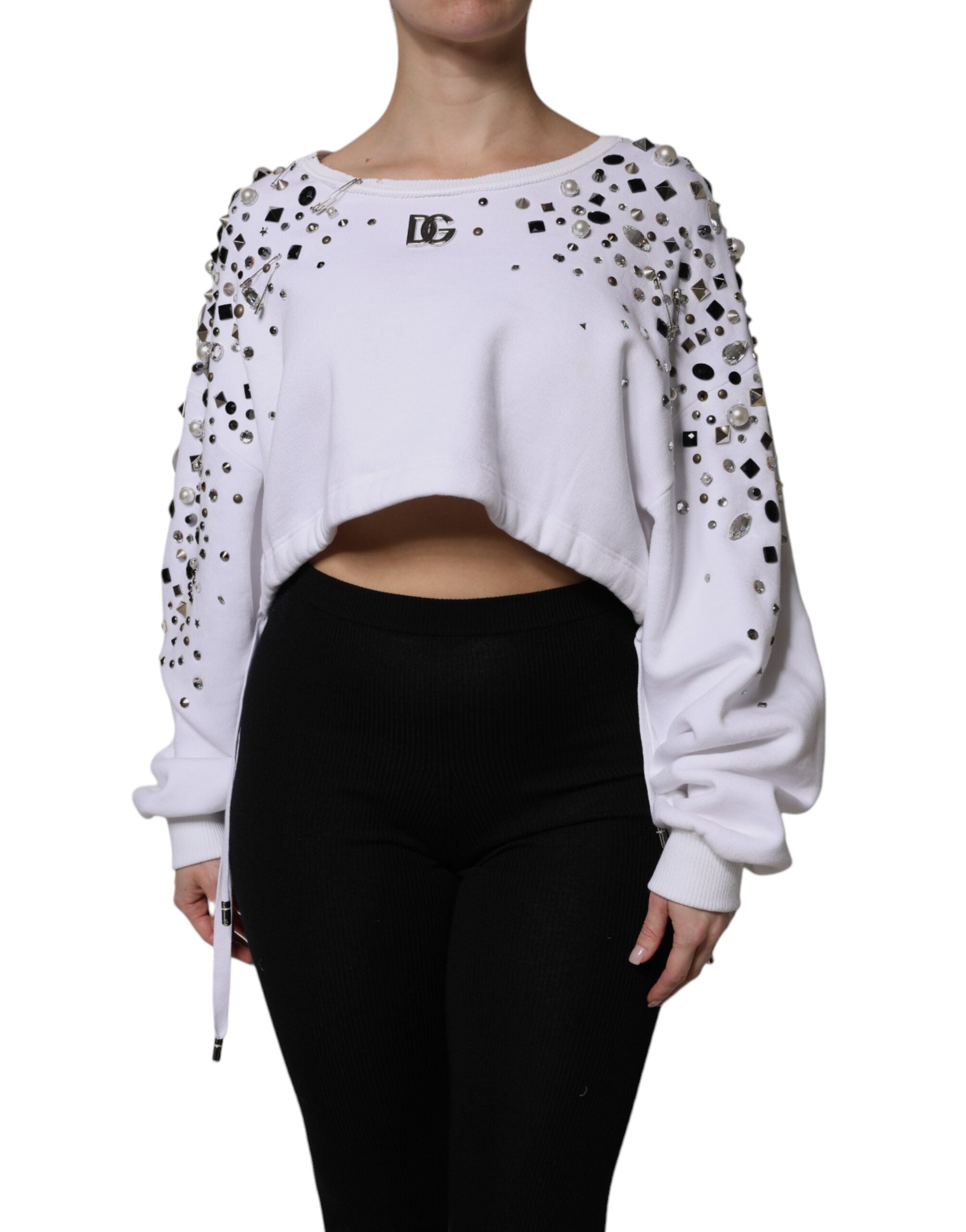 Dolce & Gabbana White Embellished Long Sleeve Cropped Sweater Dolce & Gabbana