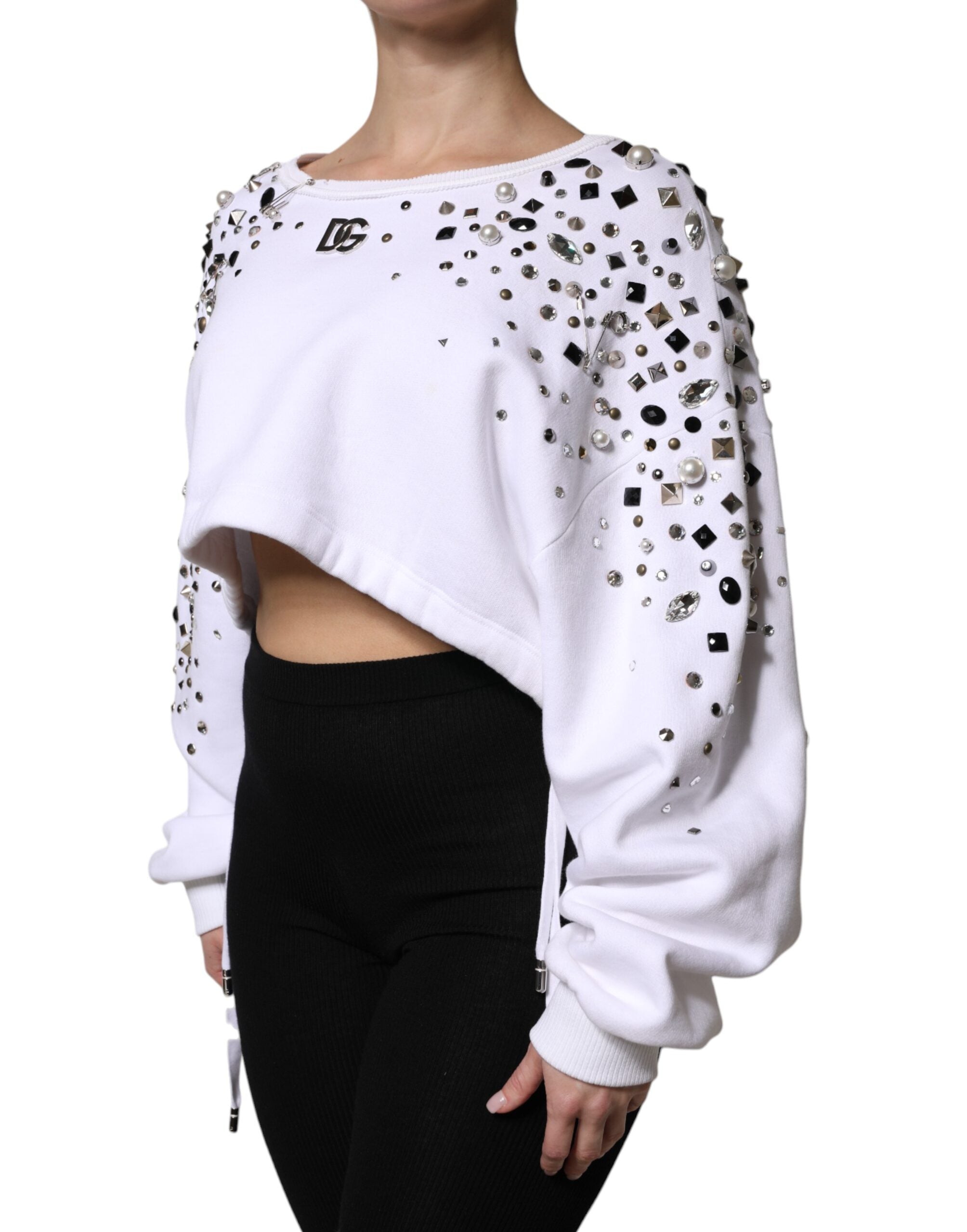 Dolce & Gabbana White Embellished Long Sleeve Cropped Sweater Dolce & Gabbana