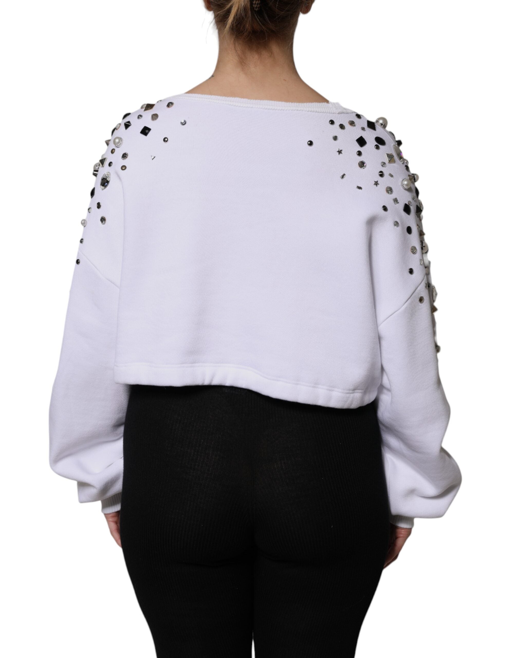 Dolce & Gabbana White Embellished Long Sleeve Cropped Sweater Dolce & Gabbana