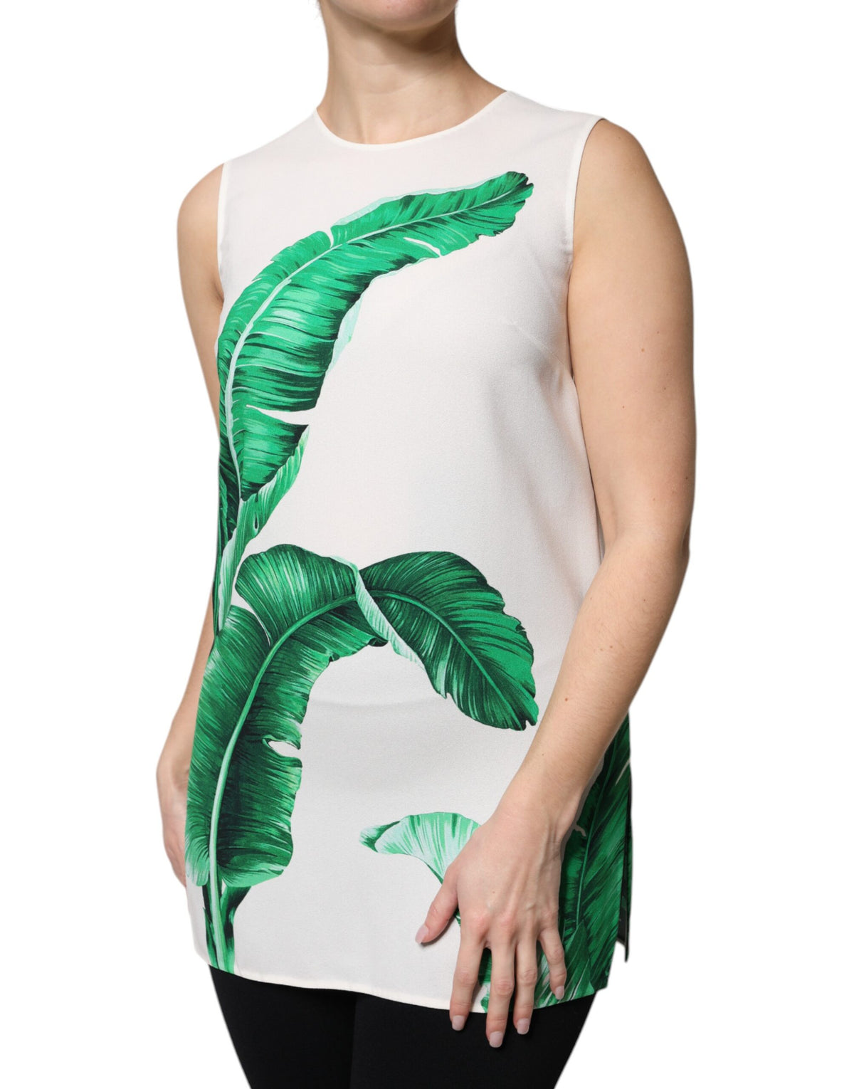 Dolce & Gabbana White Banana Leaf Print Round Neck Tank Top