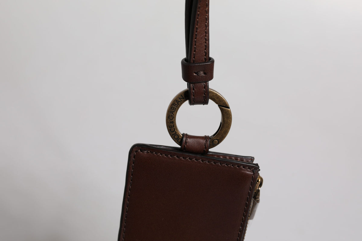 Dolce & Gabbana Brown Calf Leather Lanyard Logo Card Holder Wallet