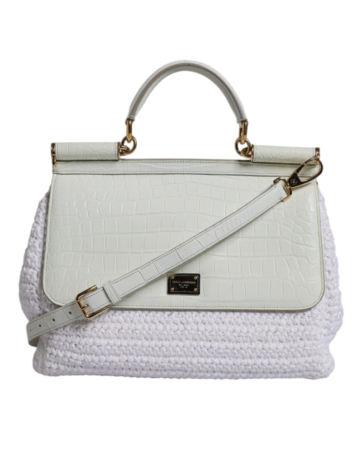 Dolce & Gabbana White Rafia Leather Top Handle Crossbody Bag