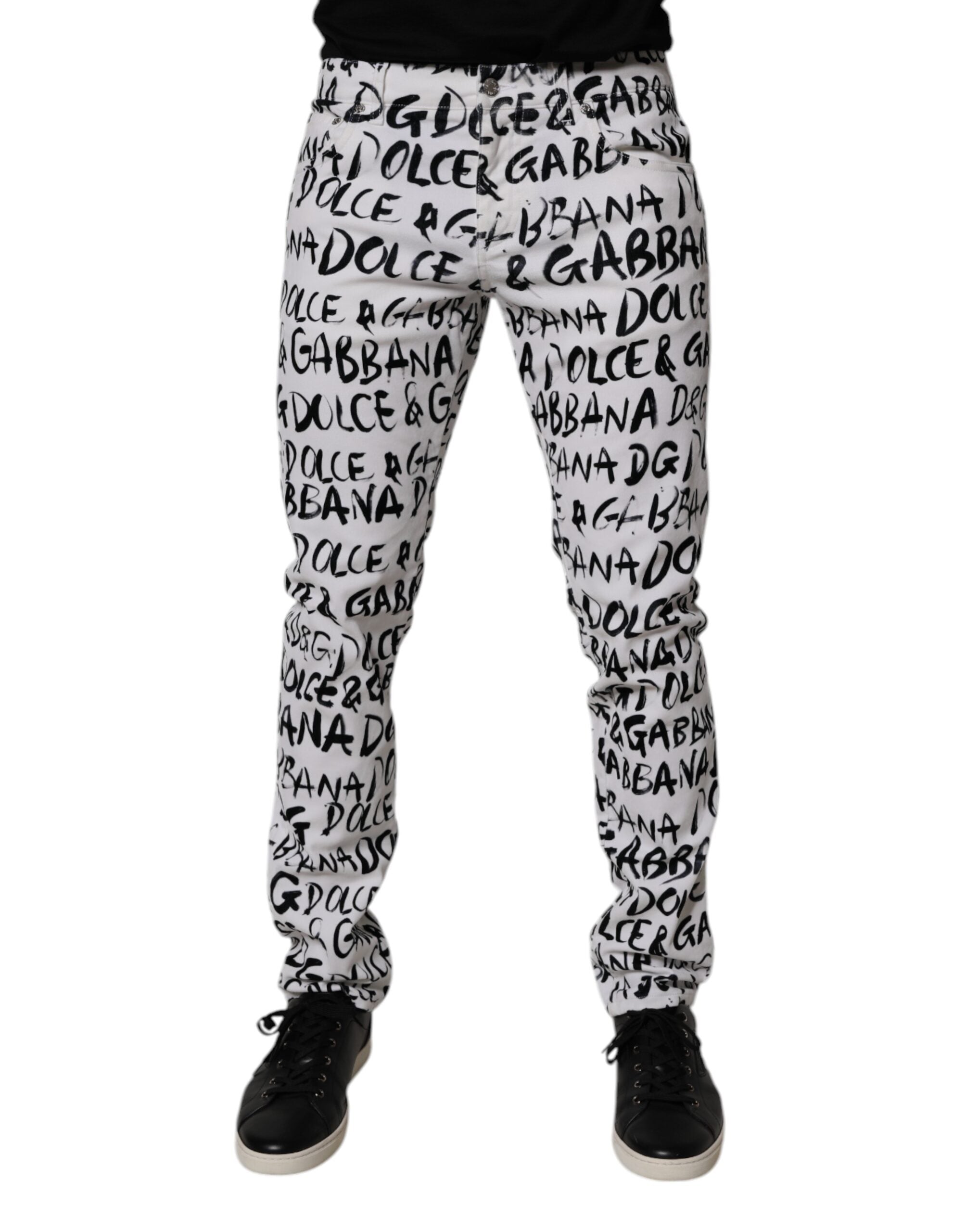 Dolce & Gabbana White Cotton Logo Print Skinny Denim Jeans Dolce & Gabbana