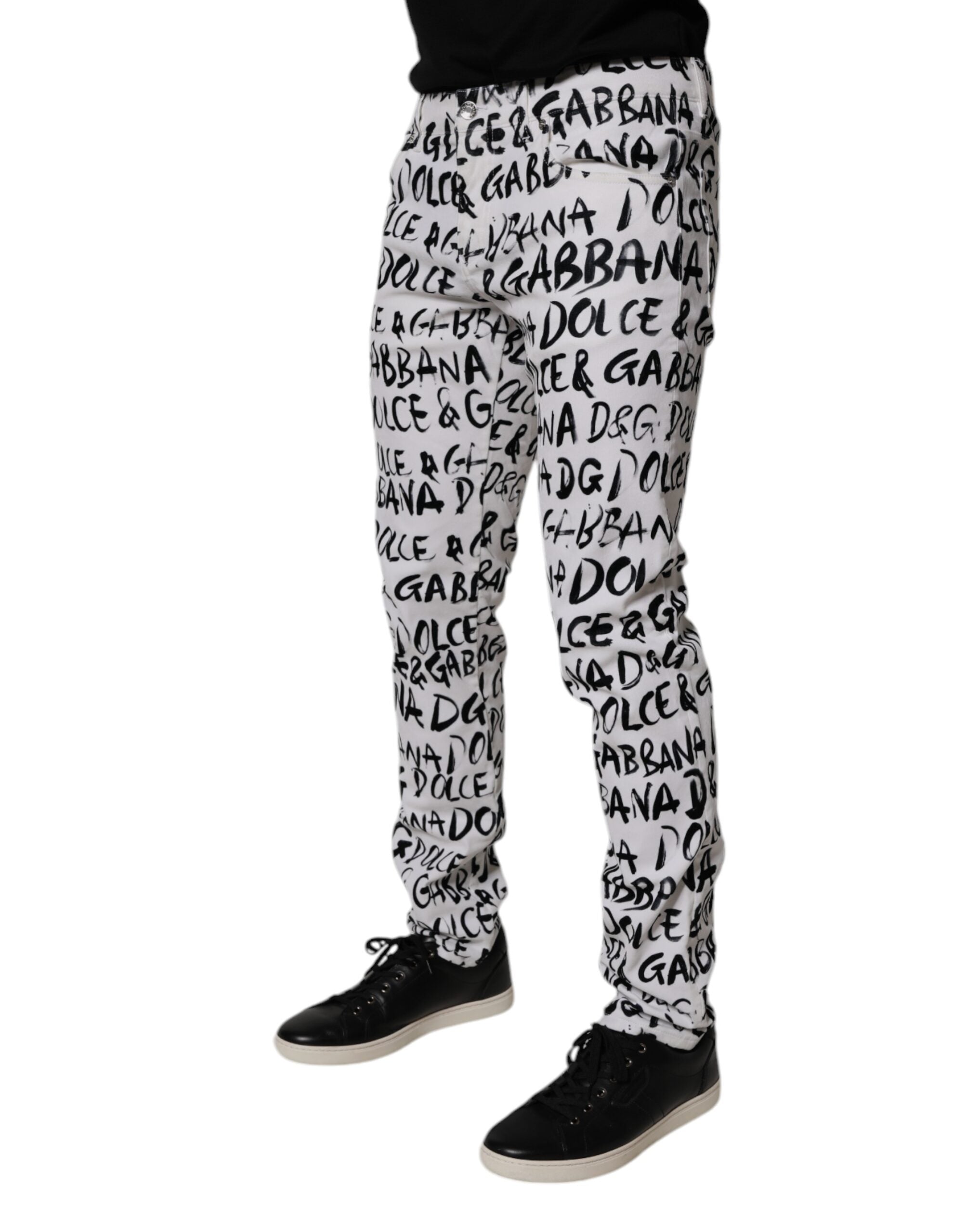 Dolce & Gabbana White Cotton Logo Print Skinny Denim Jeans Dolce & Gabbana