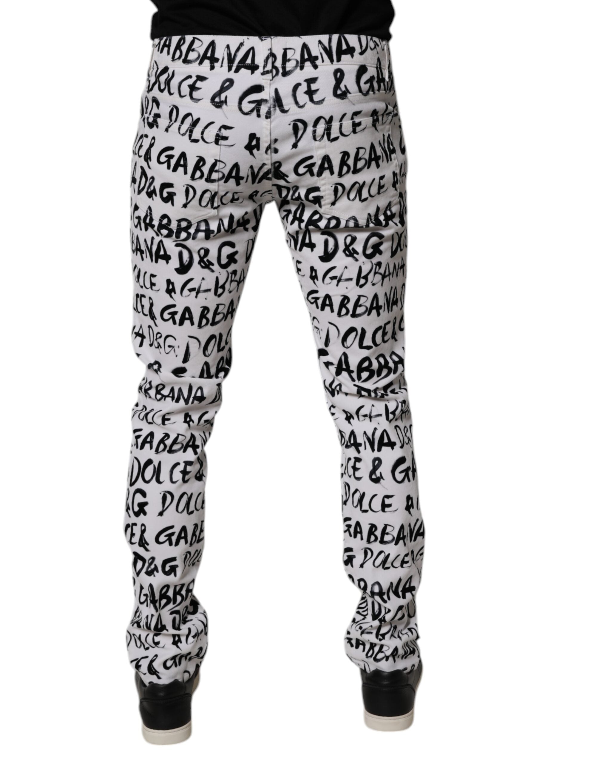Dolce & Gabbana White Cotton Logo Print Skinny Denim Jeans Dolce & Gabbana