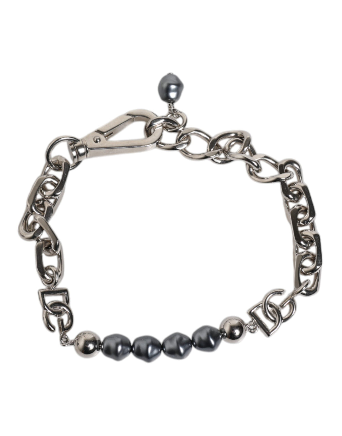 Dolce & Gabbana Silver Tone Chain Lobster Clasp Logo Gray Pearls Bracelet