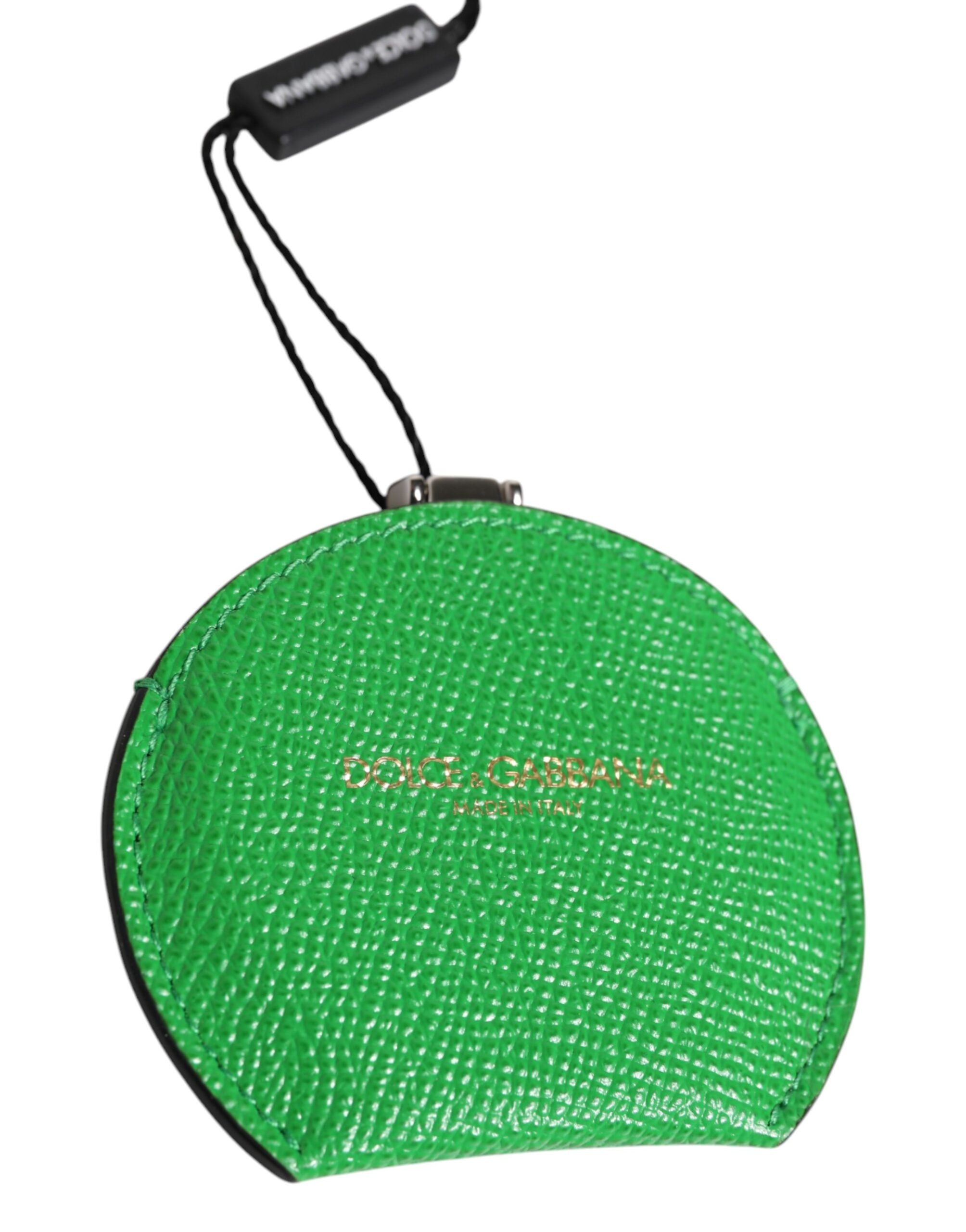 Dolce & Gabbana Green Calfskin Leather Round Logo Hand Mirror Holder Dolce & Gabbana