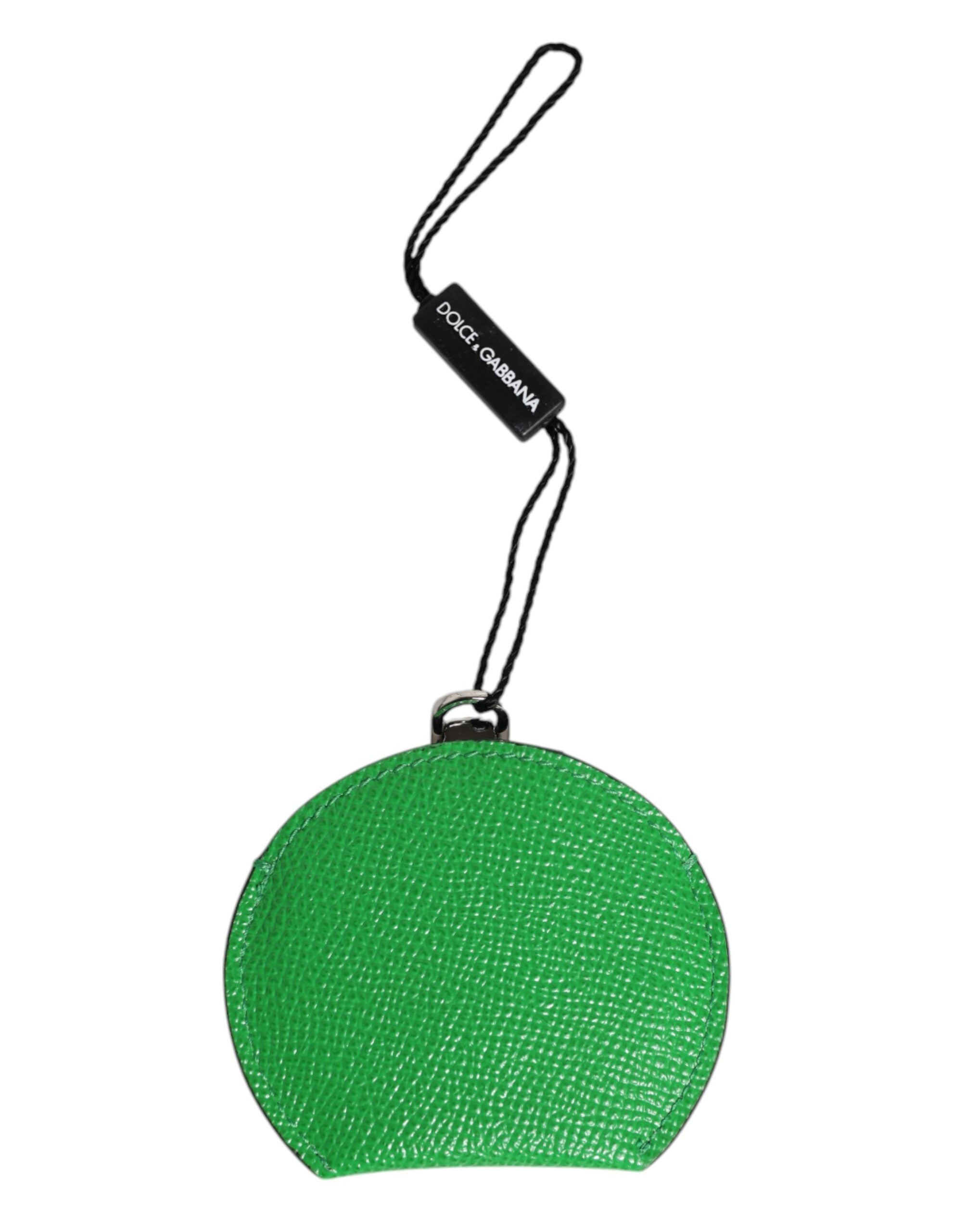 Dolce & Gabbana Green Calfskin Leather Round Logo Hand Mirror Holder Dolce & Gabbana