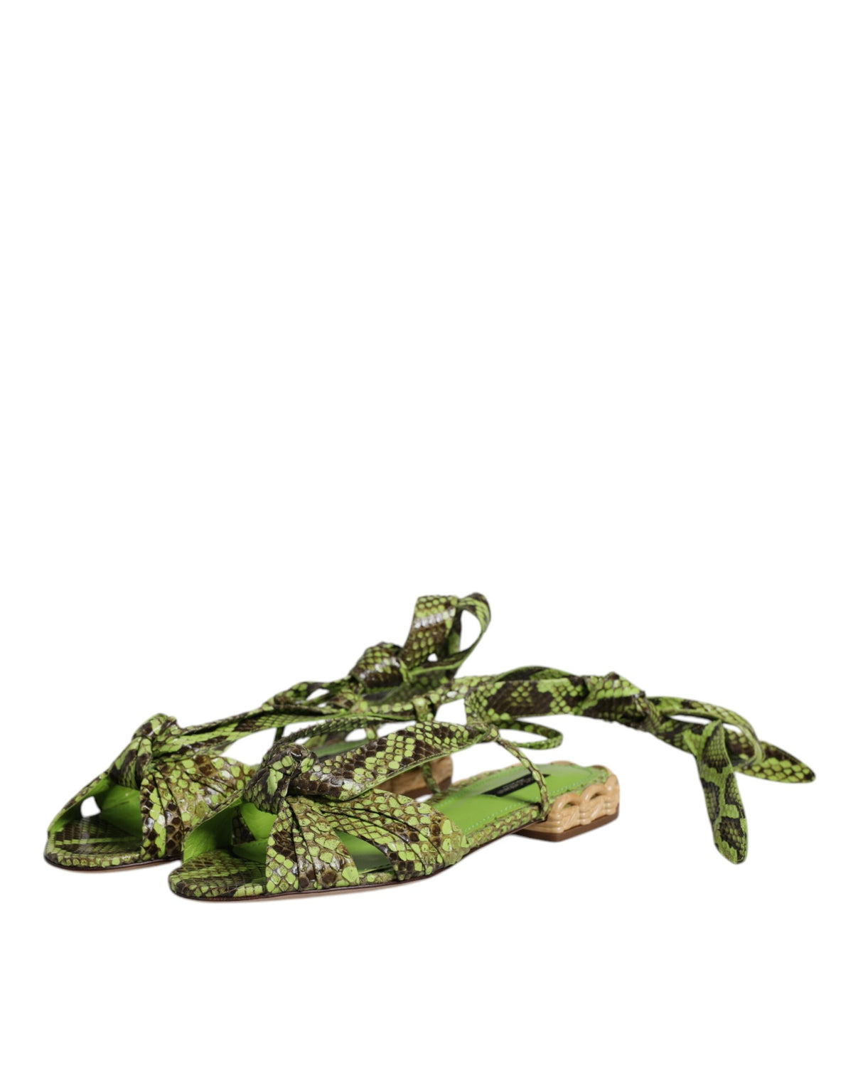 Dolce & Gabbana Green Animal Print Ankle Wrap Sandals Shoes