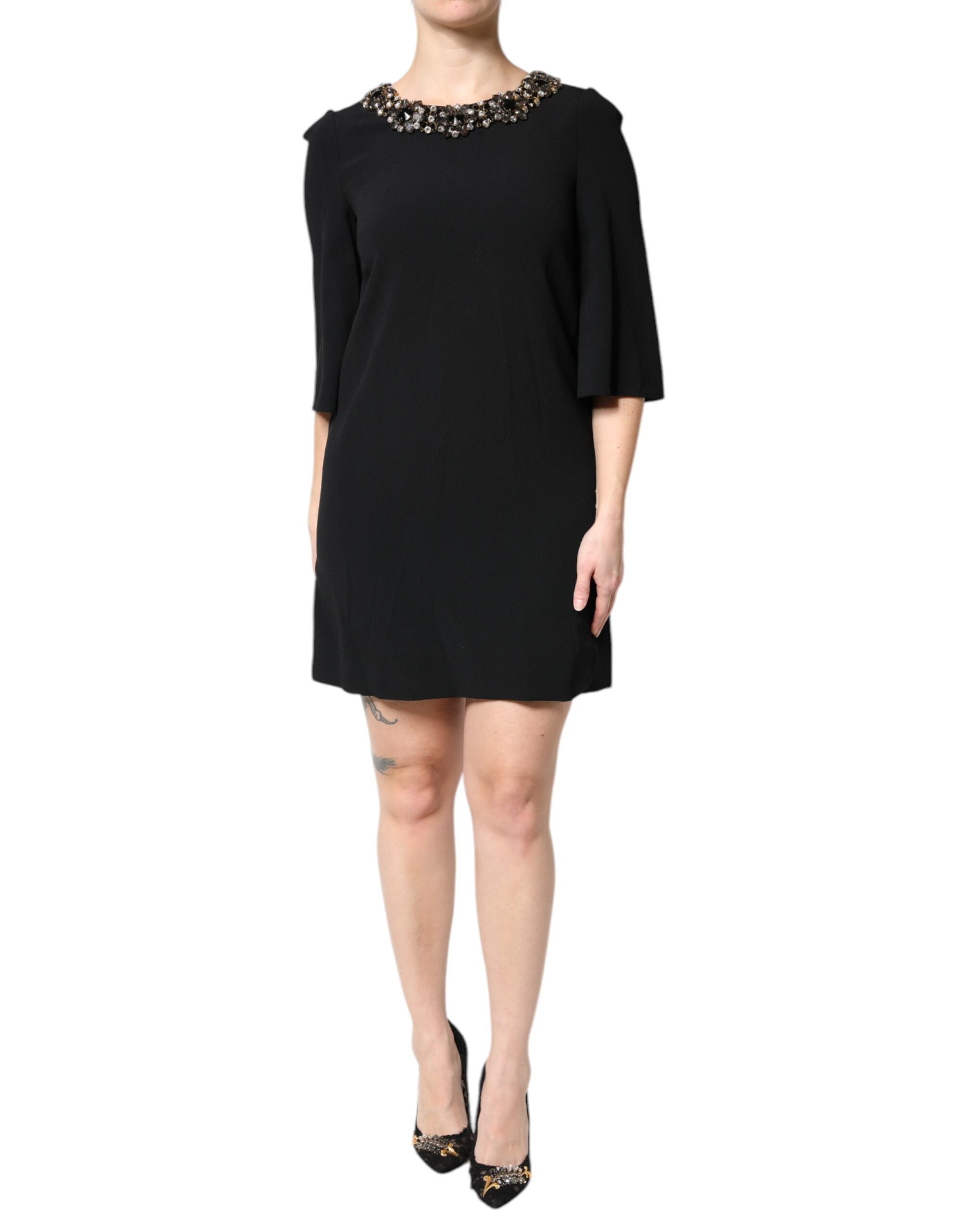 Dolce & Gabbana Black Crystal Embellished Round Neck Mini Dress Dolce & Gabbana
