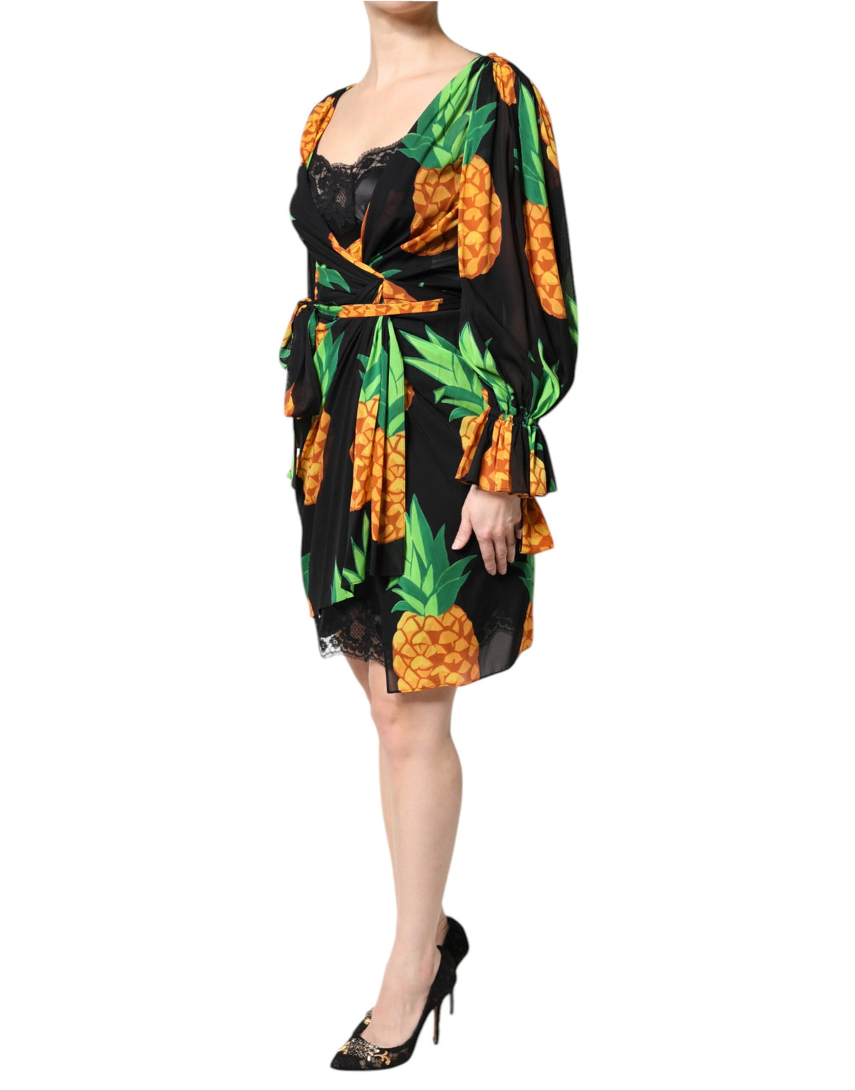 Dolce & Gabbana Black Silk Pineapple Draped Print Wrap Dress