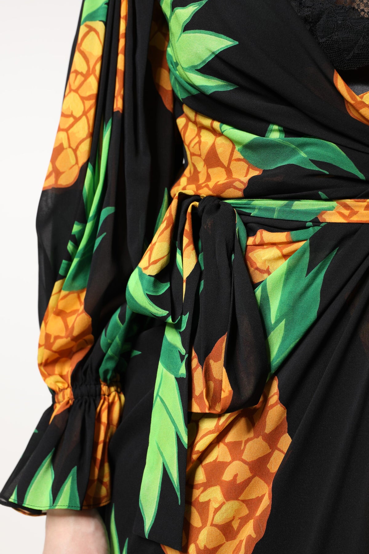 Dolce & Gabbana Black Silk Pineapple Draped Print Wrap Dress