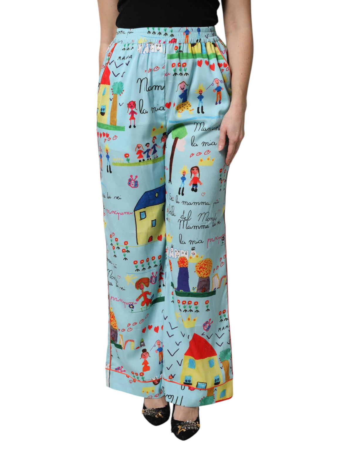 Dolce & Gabbana Light Blue Drawing Mid Waist Wide Leg Pants