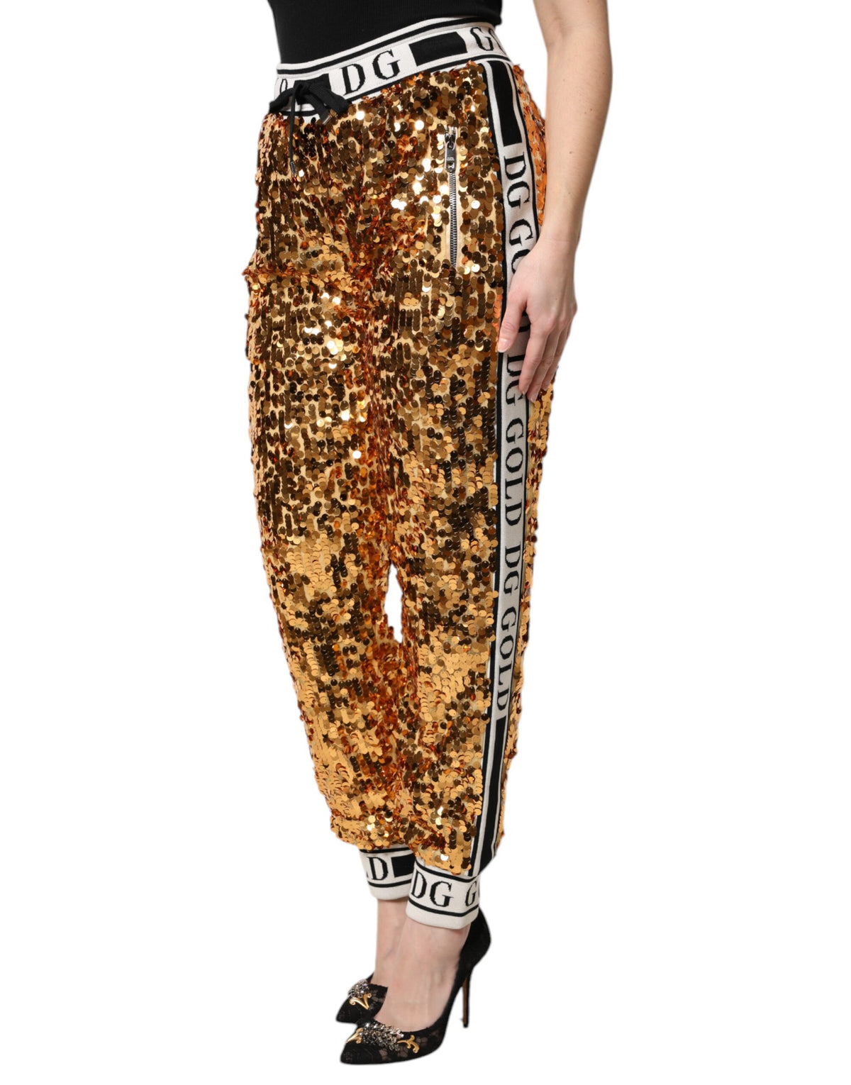 Dolce & Gabbana Metallic Gold DG Logo Sequined Jogger Pants