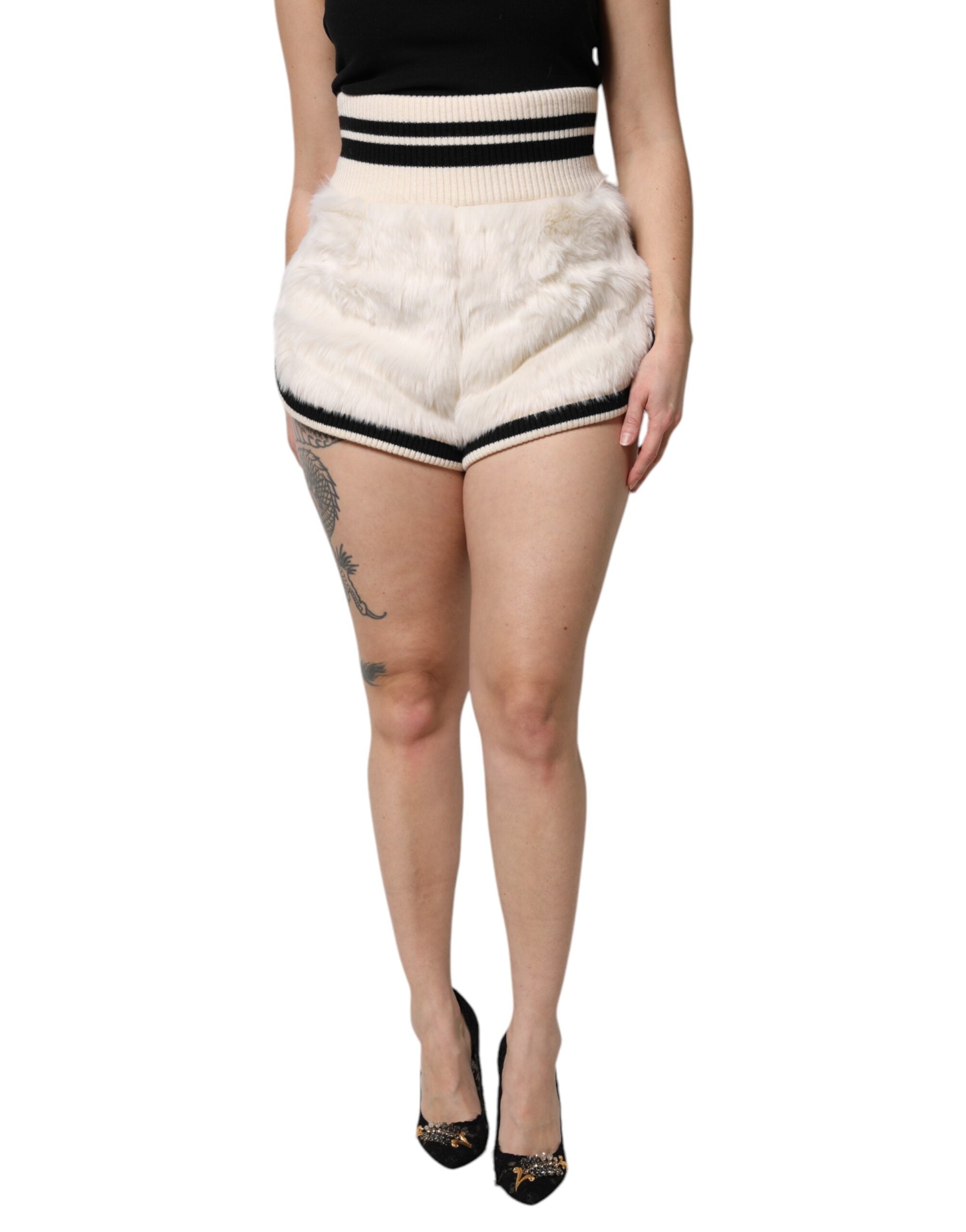 Dolce & Gabbana White Faux Fur High Waisted Hot Pants Short Dolce & Gabbana