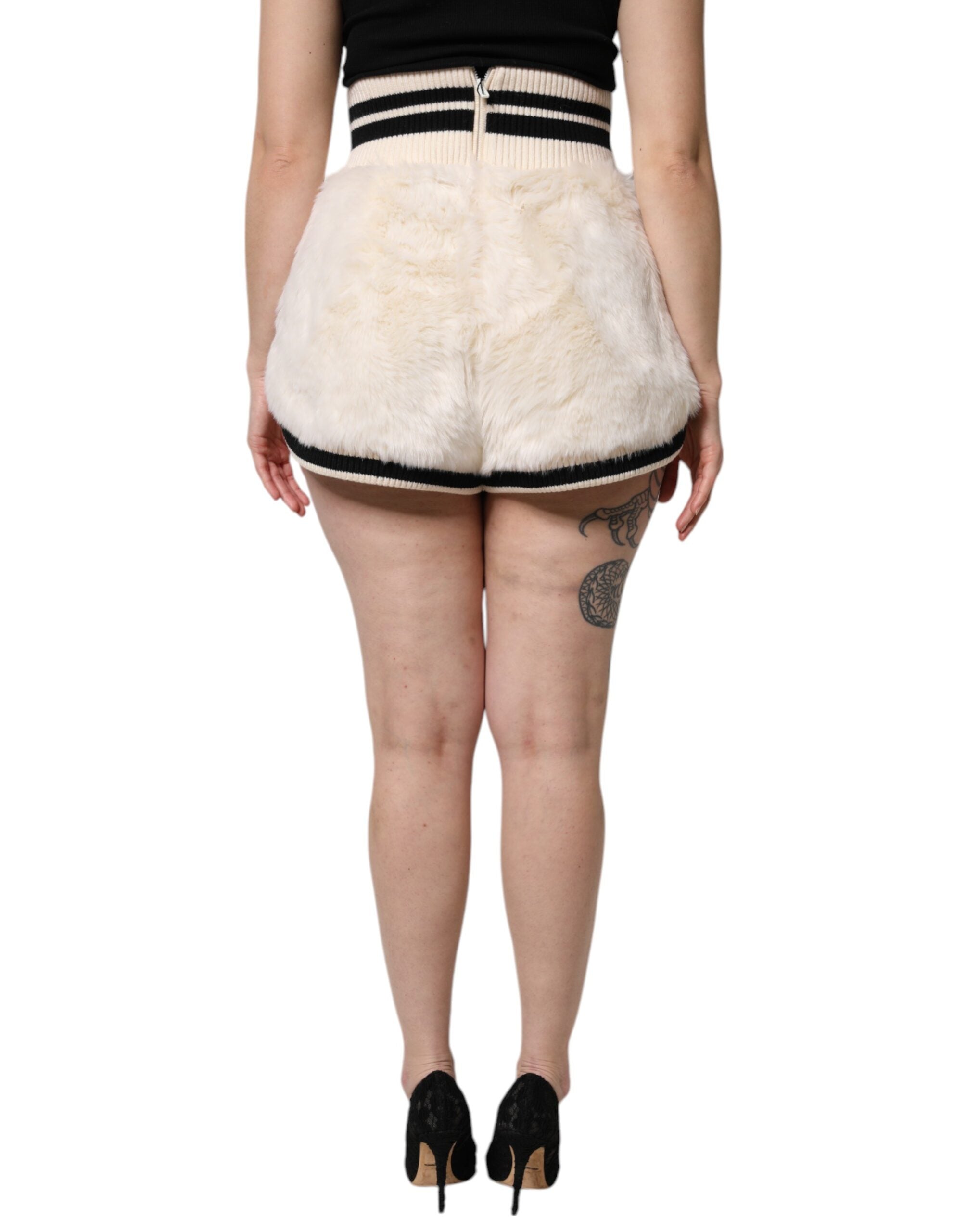 Dolce & Gabbana White Faux Fur High Waisted Hot Pants Short Dolce & Gabbana