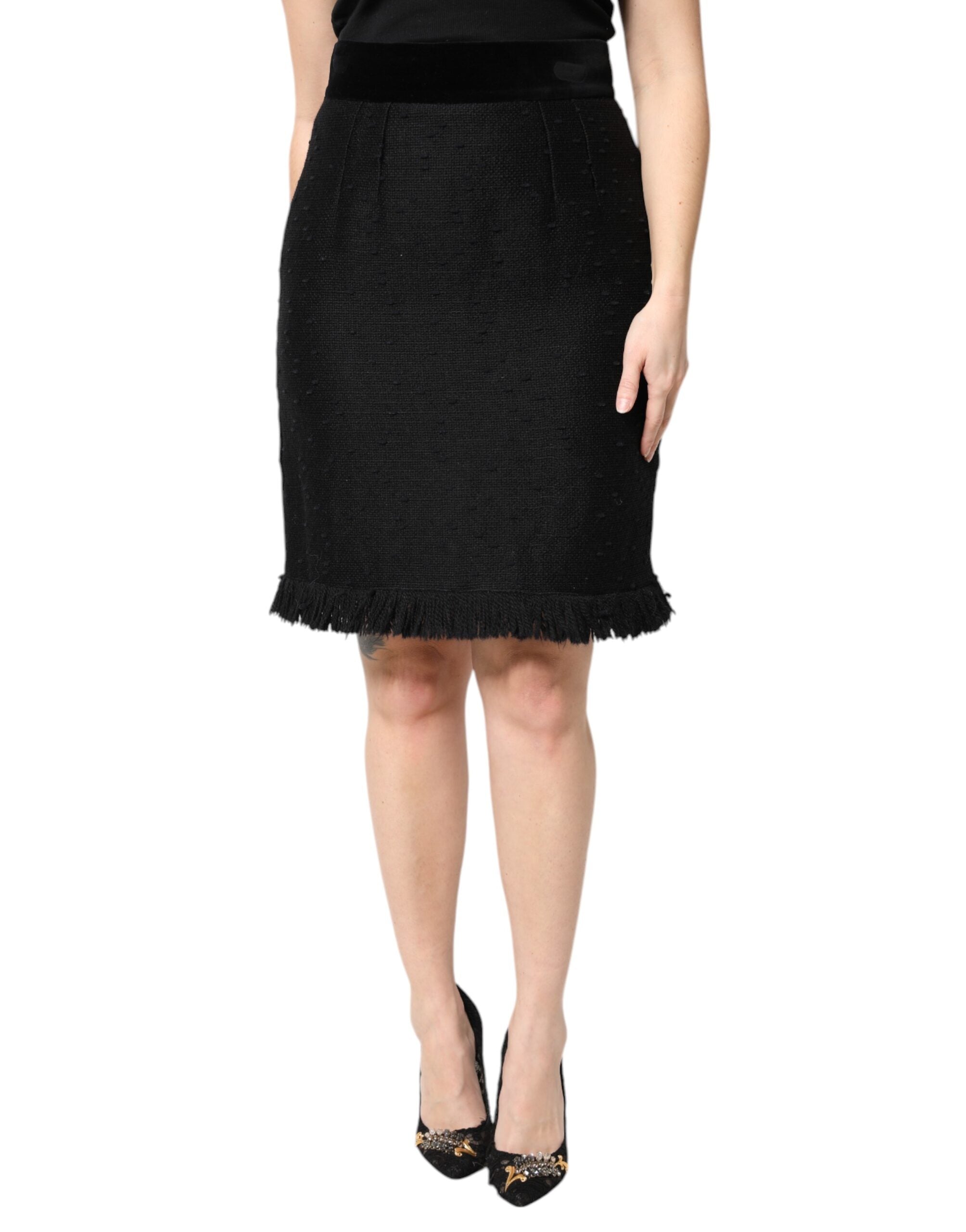 Dolce & Gabbana Black Wool Fringe High Waist Pencil Mini Skirt Dolce & Gabbana