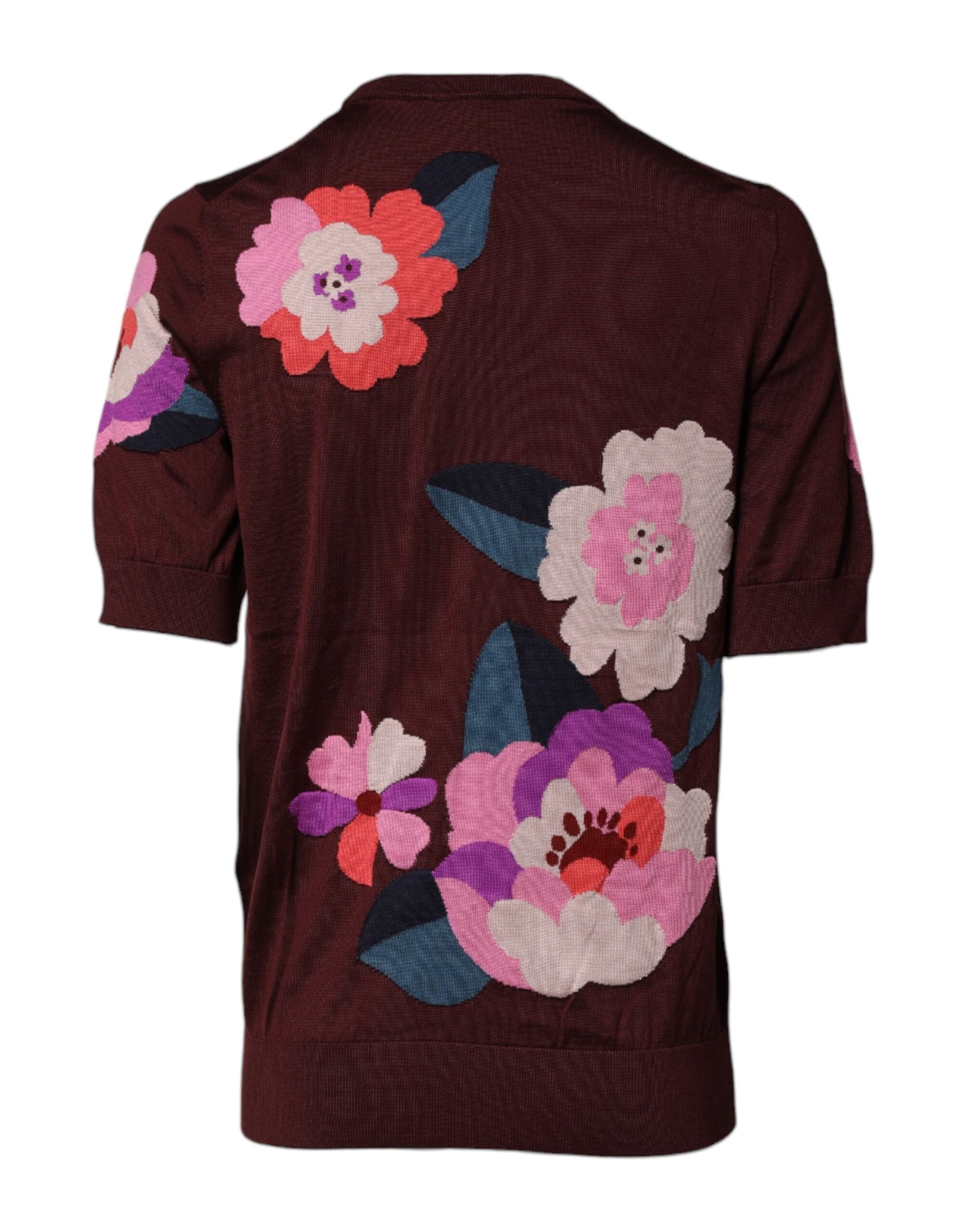 Dolce & Gabbana Maroon Floral Silk Crew Neck Blouse Top Dolce & Gabbana