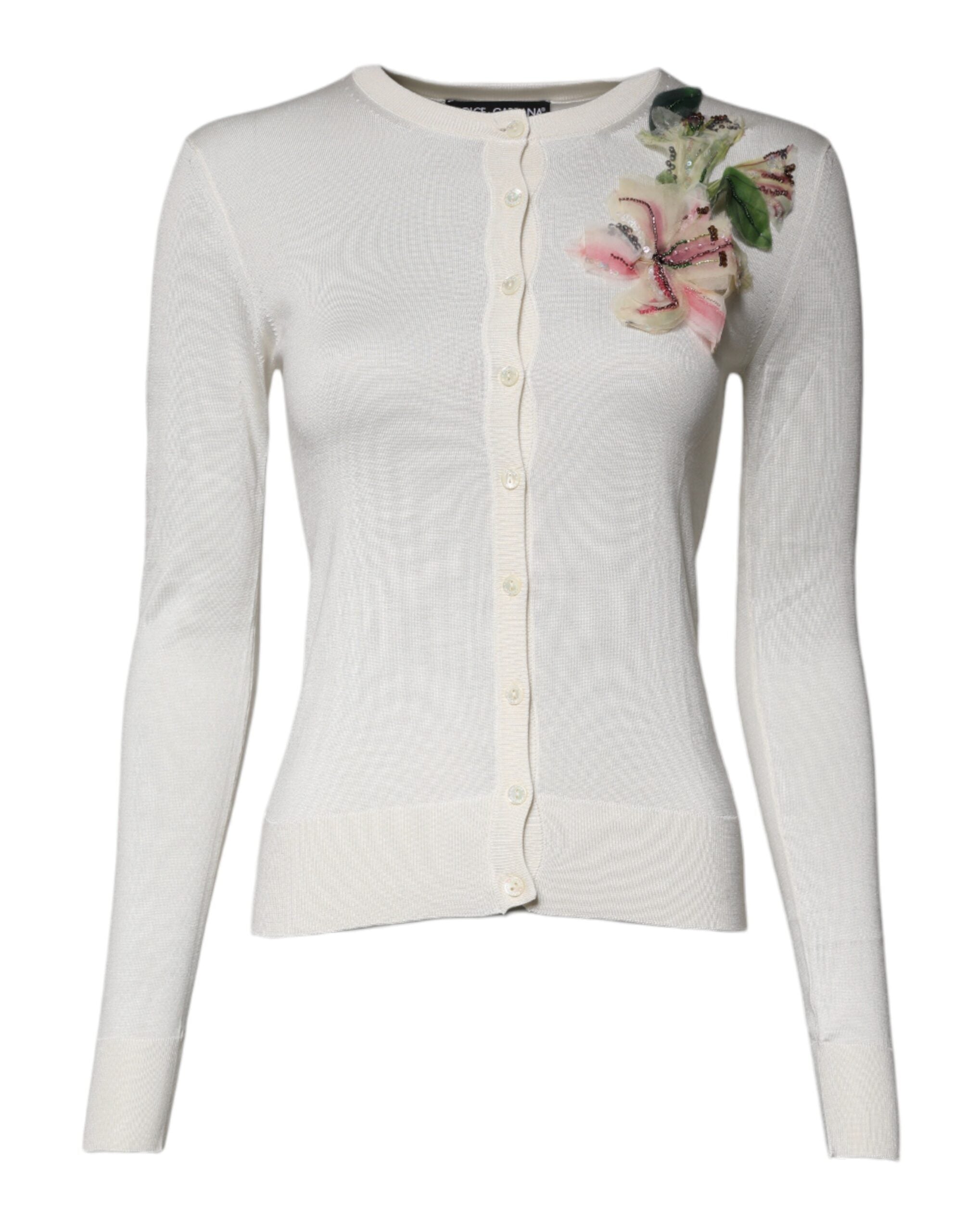Dolce & Gabbana Cream Floral Silk Embellished Cardigan Sweater Dolce & Gabbana