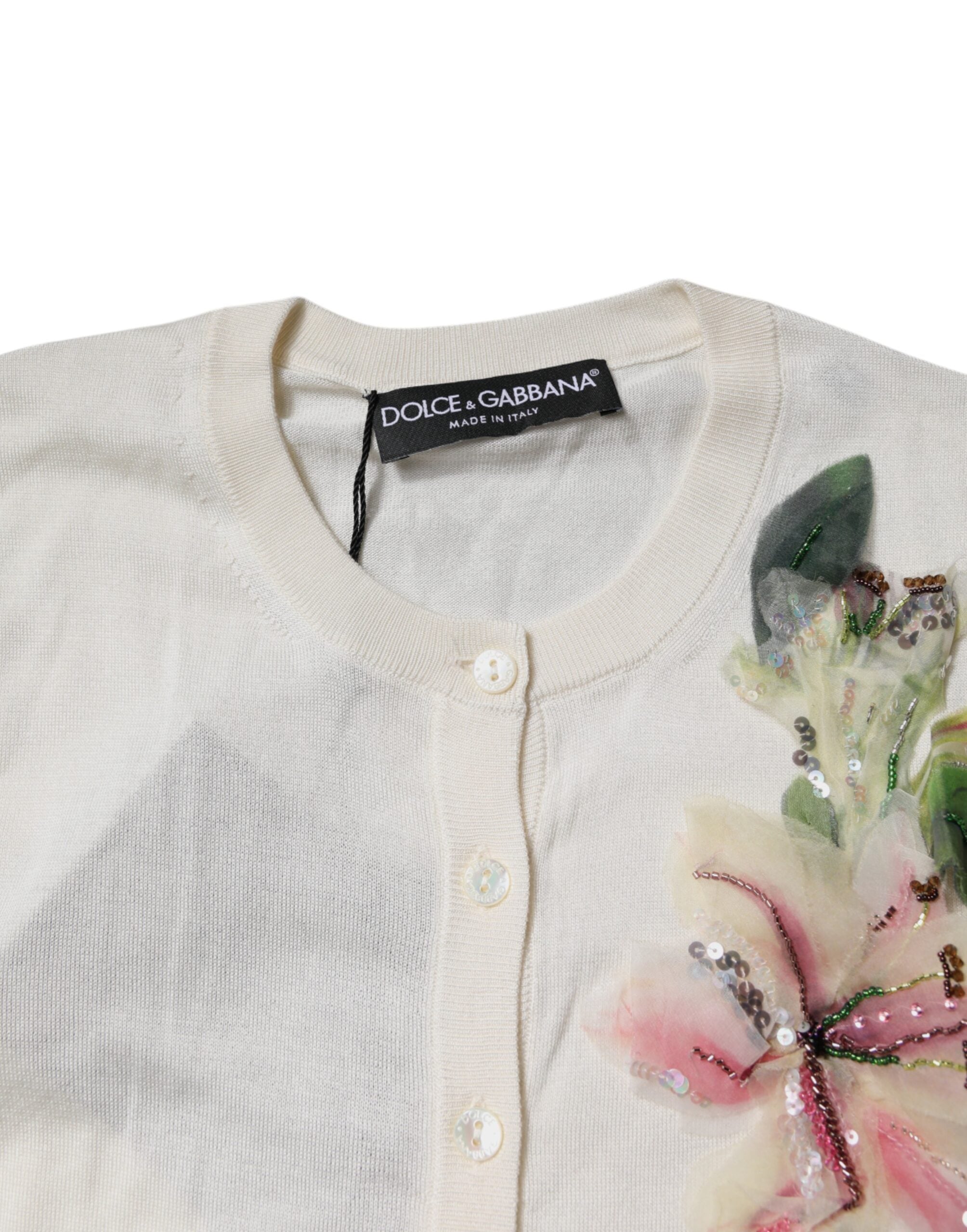 Dolce & Gabbana Cream Floral Silk Embellished Cardigan Sweater Dolce & Gabbana