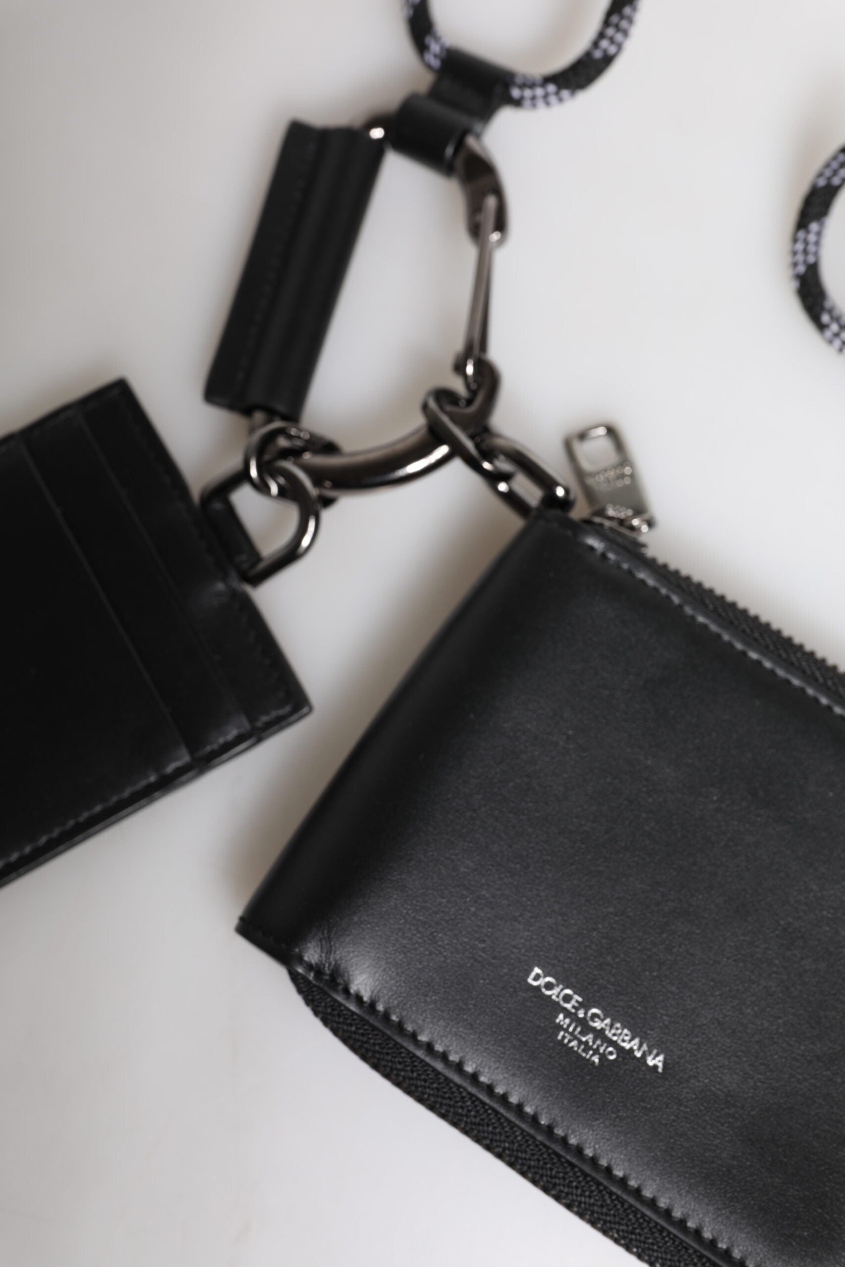 Dolce & Gabbana Black Leather Lanyard Zip Around Card Holder Wallet Dolce & Gabbana