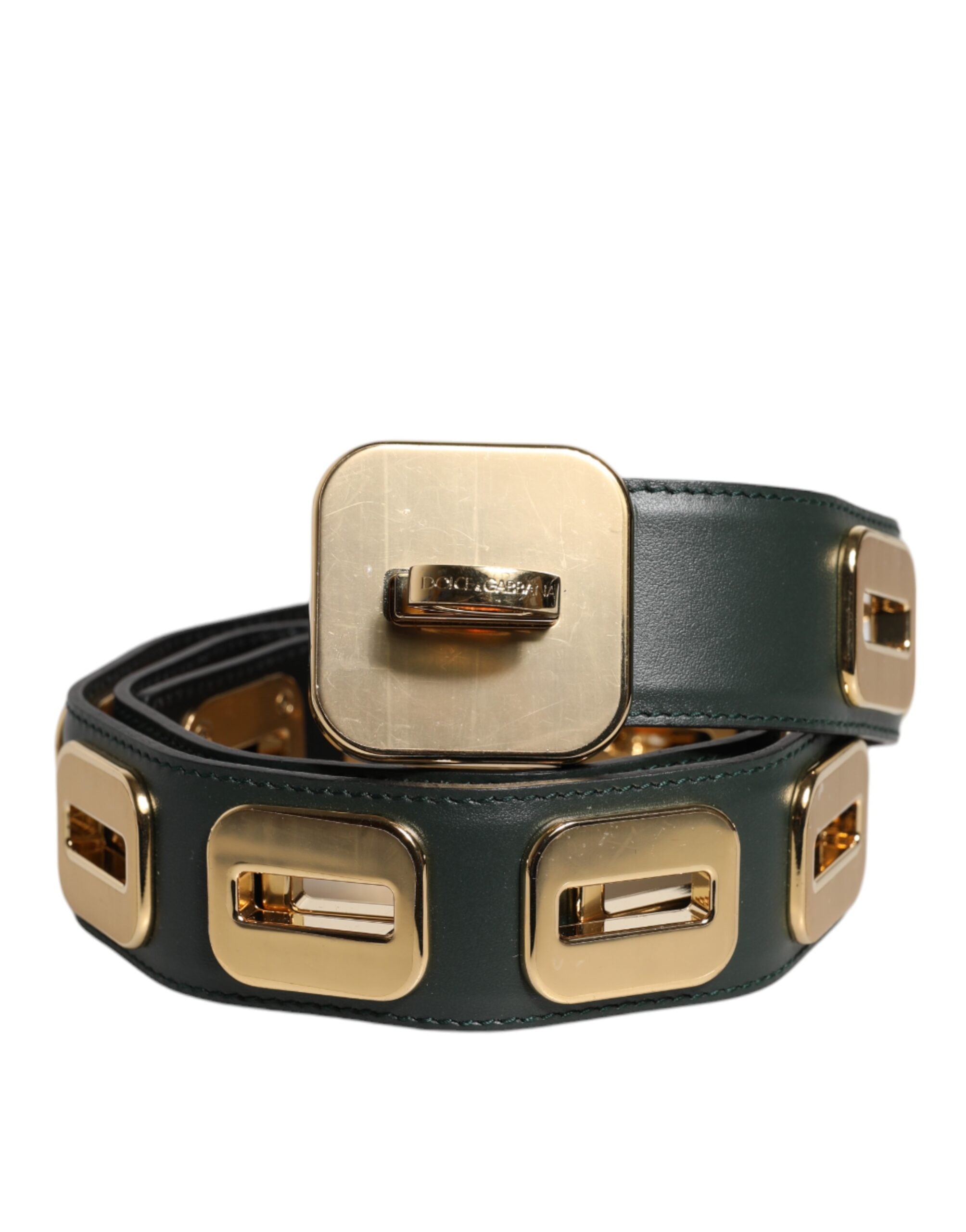 Dolce & Gabbana Green Leather Gold Tone Rotating Buckle Belt Dolce & Gabbana