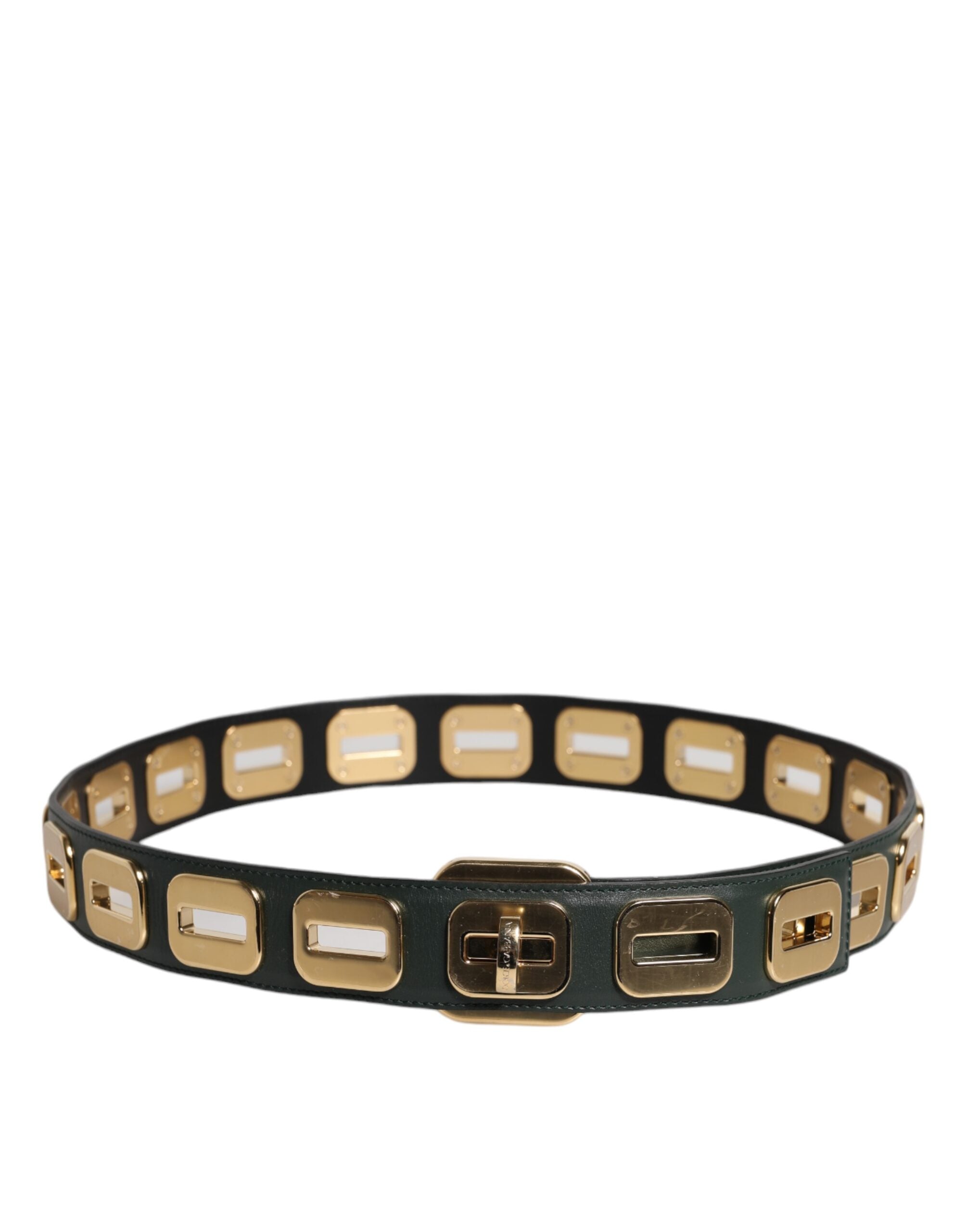 Dolce & Gabbana Green Leather Gold Tone Rotating Buckle Belt Dolce & Gabbana