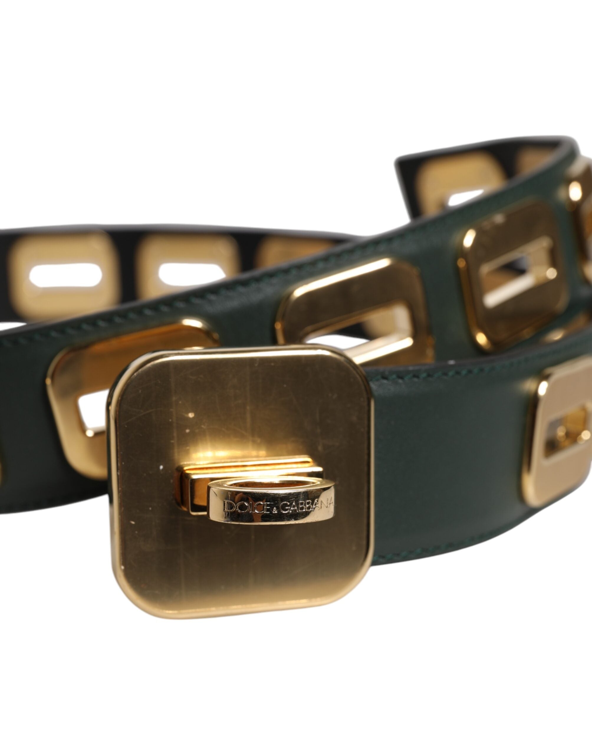 Dolce & Gabbana Green Leather Gold Tone Rotating Buckle Belt Dolce & Gabbana