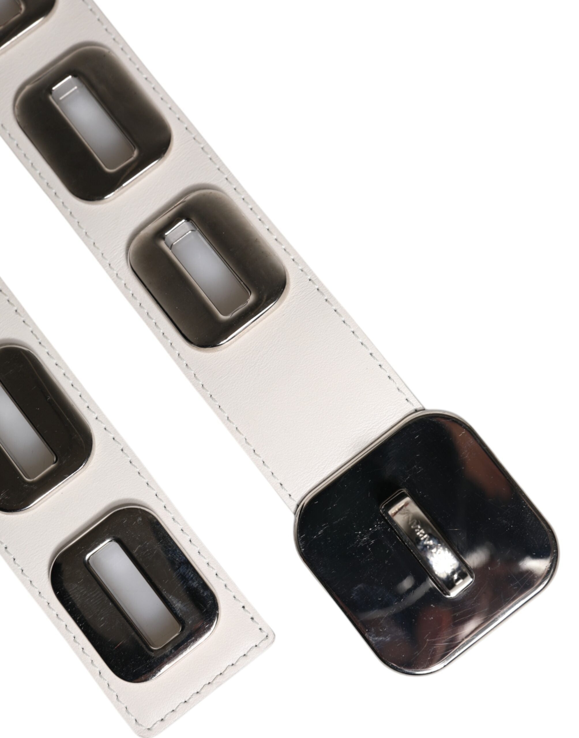Dolce & Gabbana White Leather Gold Tone Rotating Buckle Belt Dolce & Gabbana