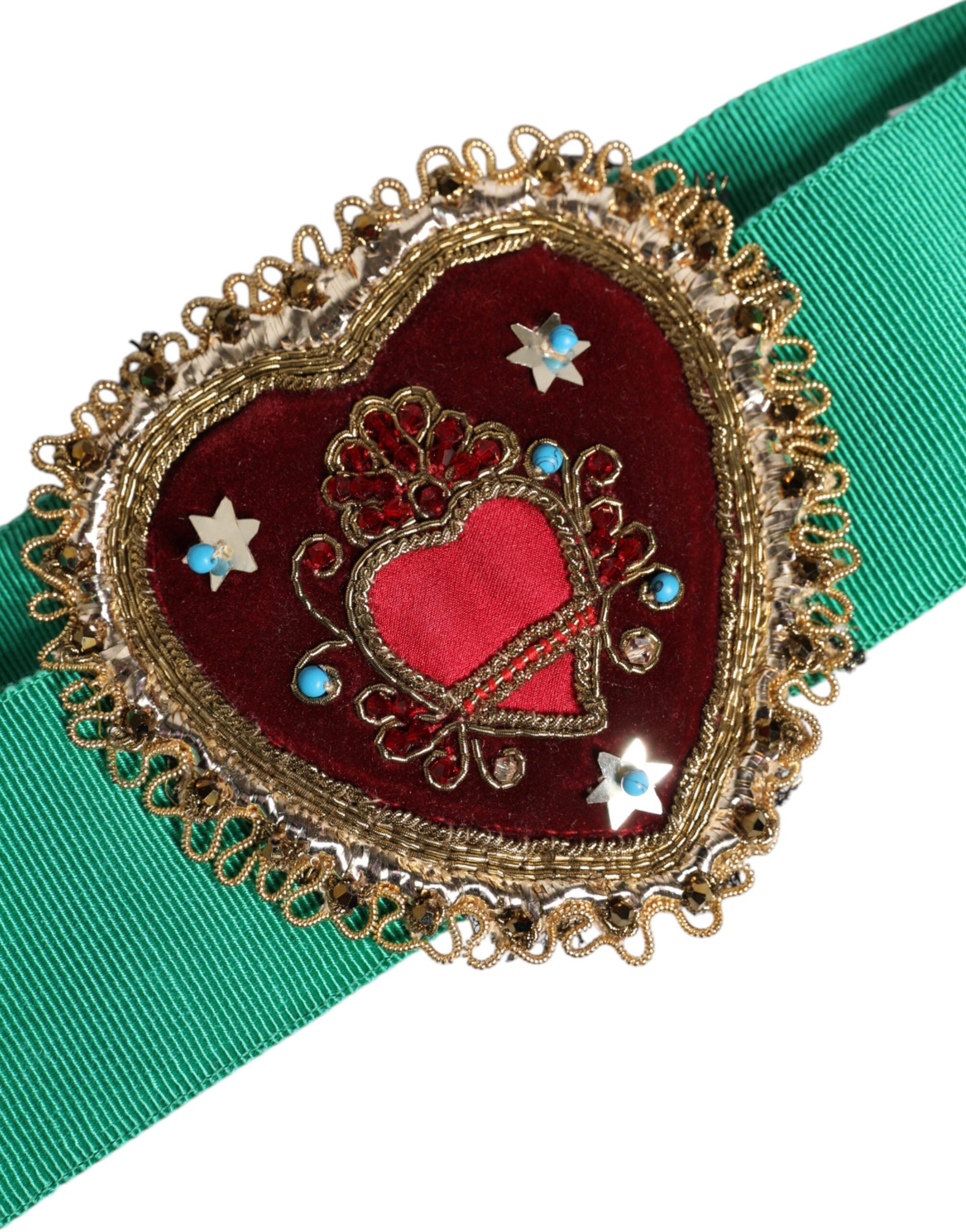Dolce & Gabbana Green Stretch Wide Waist Heart Embellished Belt Dolce & Gabbana
