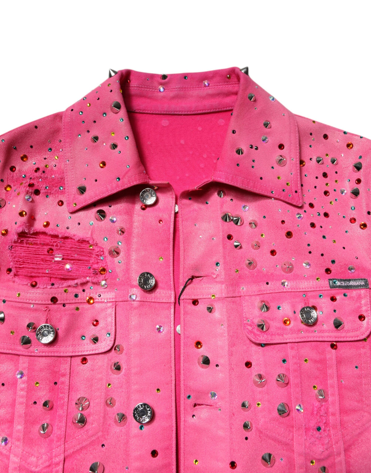 Dolce & Gabbana Pink Crystal Embellished Cotton Denim Jacket