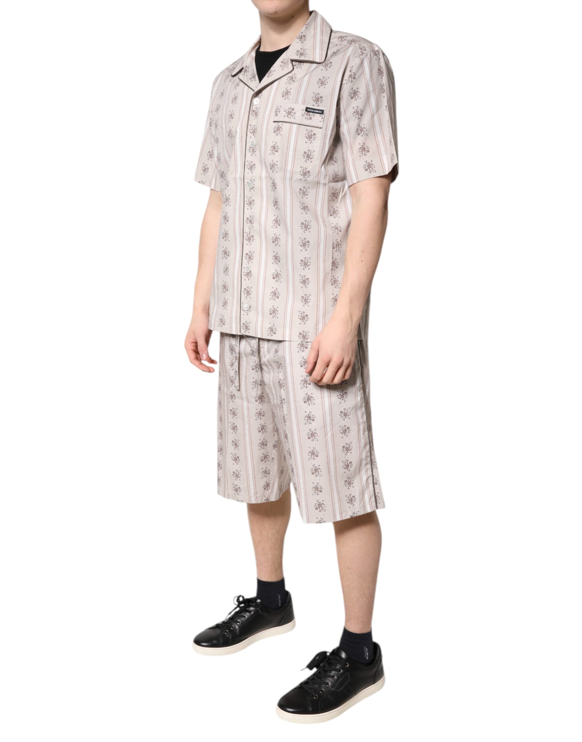 Dolce & Gabbana Beige Floral Print Cotton Men Pajama Set Sleepwear Dolce & Gabbana