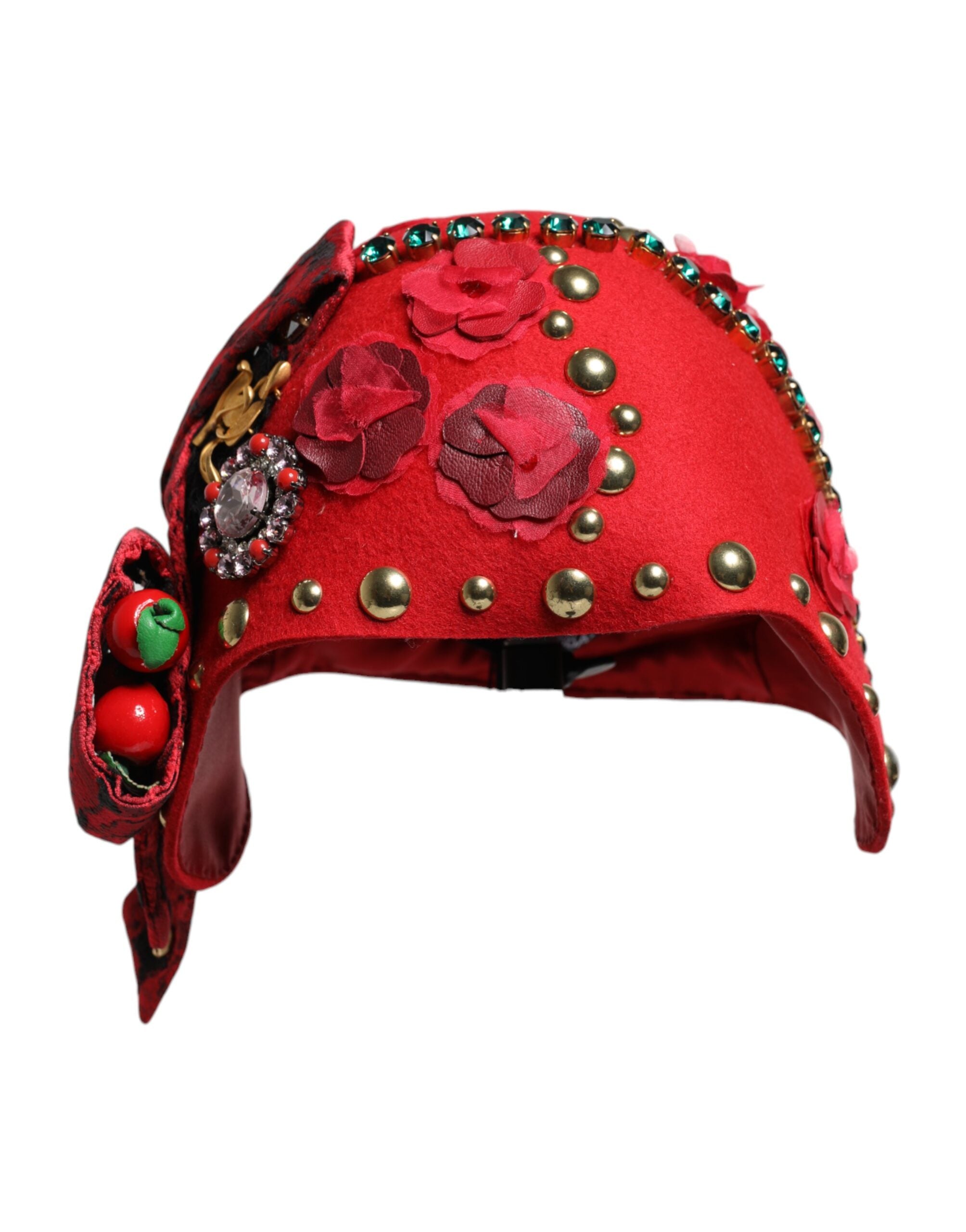 Dolce & Gabbana Red Crystal Gold Roses Brooch Embellished Hat Dolce & Gabbana