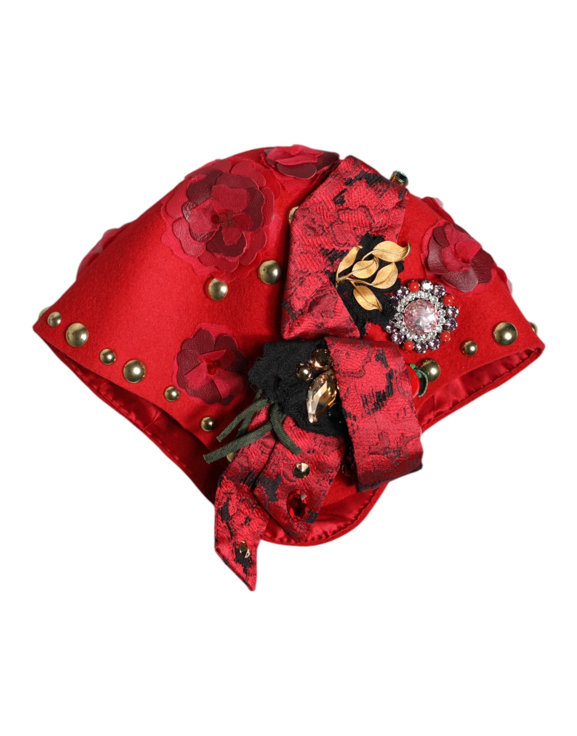 Dolce & Gabbana Red Crystal Gold Roses Brooch Embellished Hat Dolce & Gabbana