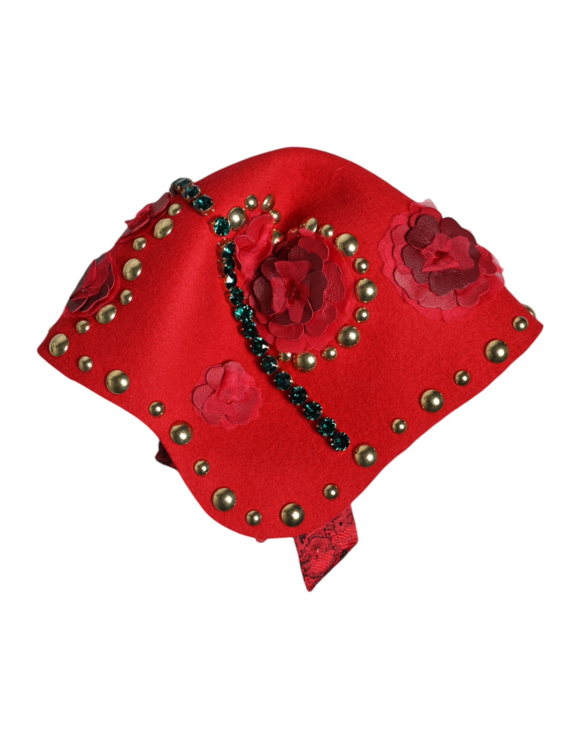Dolce & Gabbana Red Crystal Gold Roses Brooch Embellished Hat Dolce & Gabbana