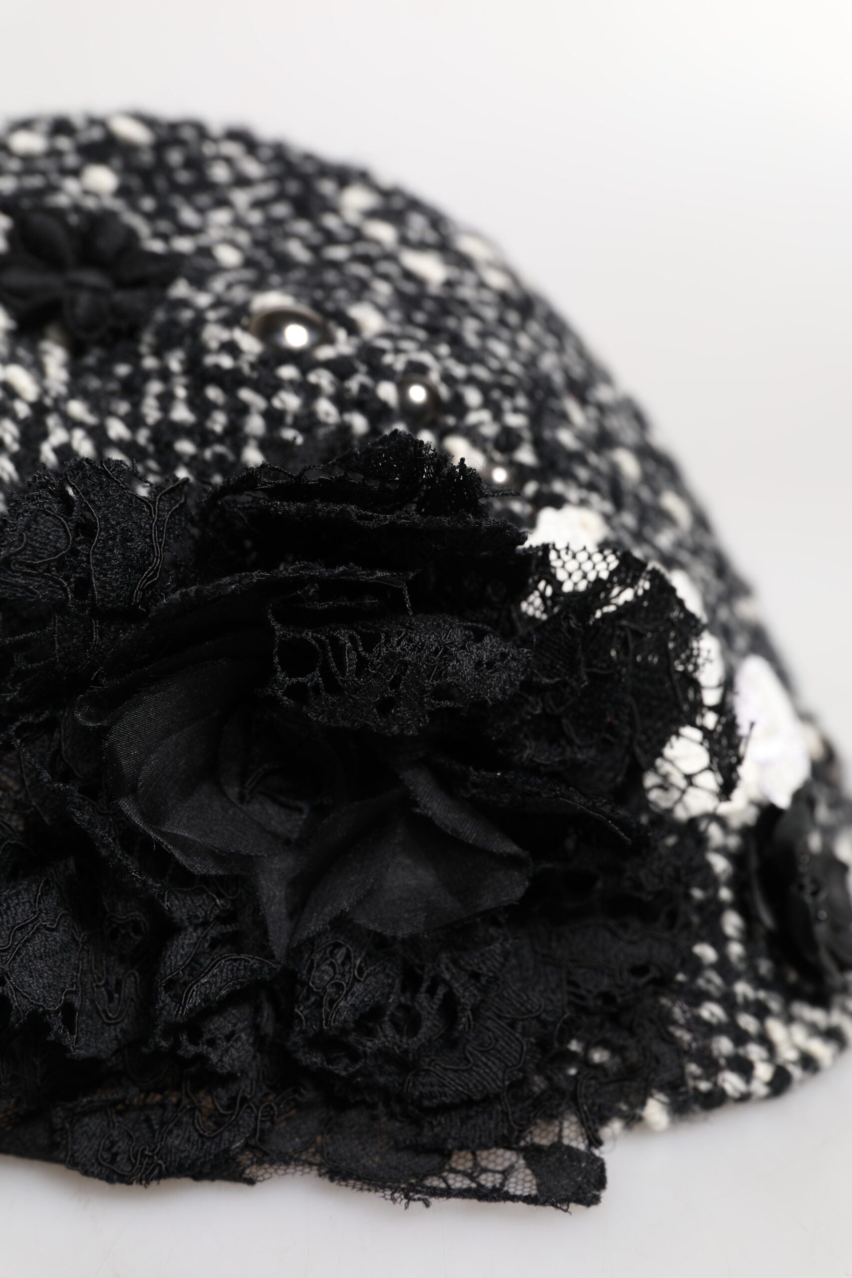 Dolce & Gabbana Black Wool White Floral Embellished Cloche Hat Dolce & Gabbana