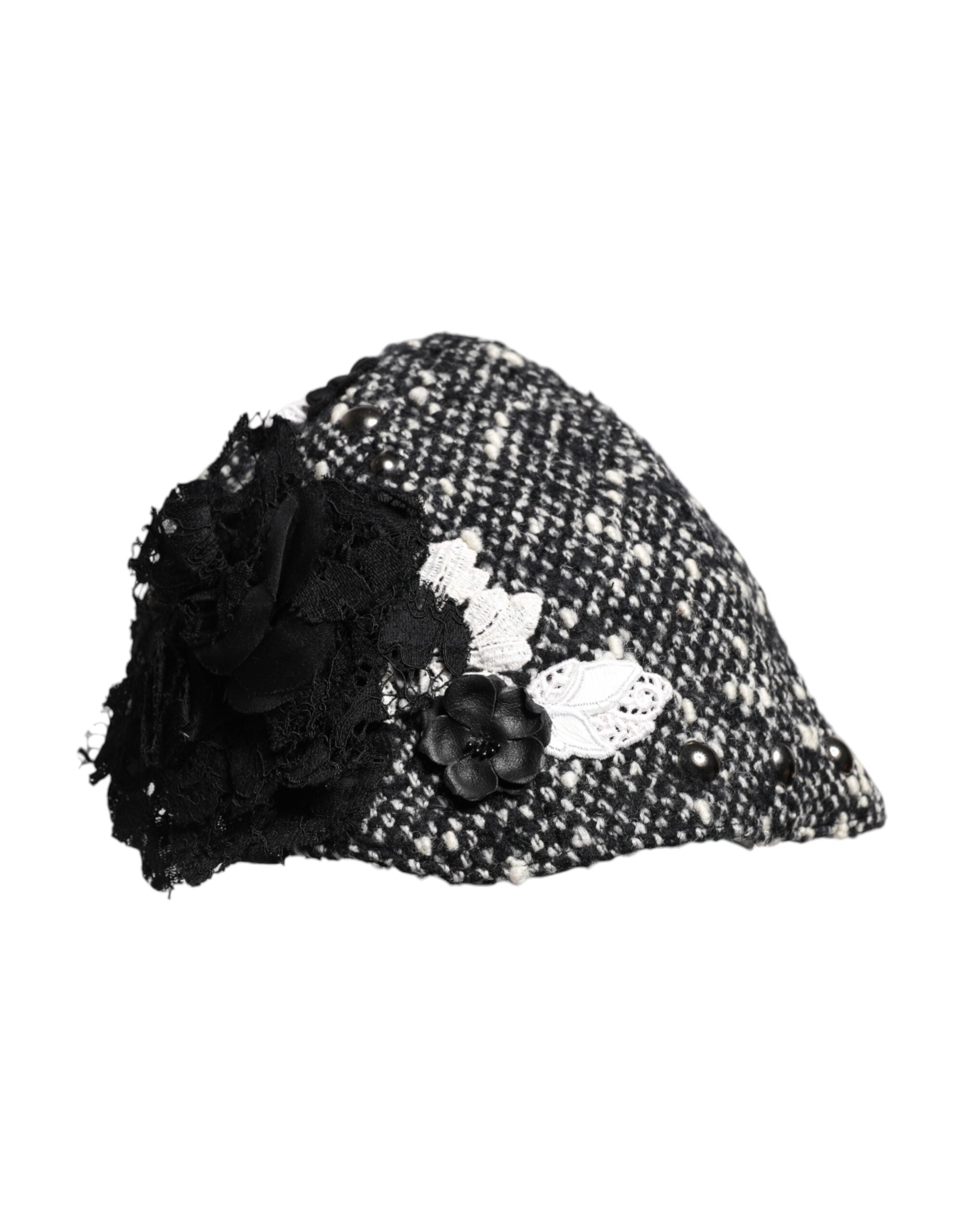 Dolce & Gabbana Black Wool White Floral Embellished Cloche Hat Dolce & Gabbana