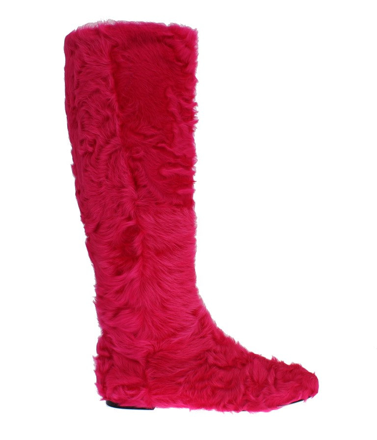 Dolce & Gabbana Pink Lamb Fur Leather Flat Boots Dolce & Gabbana