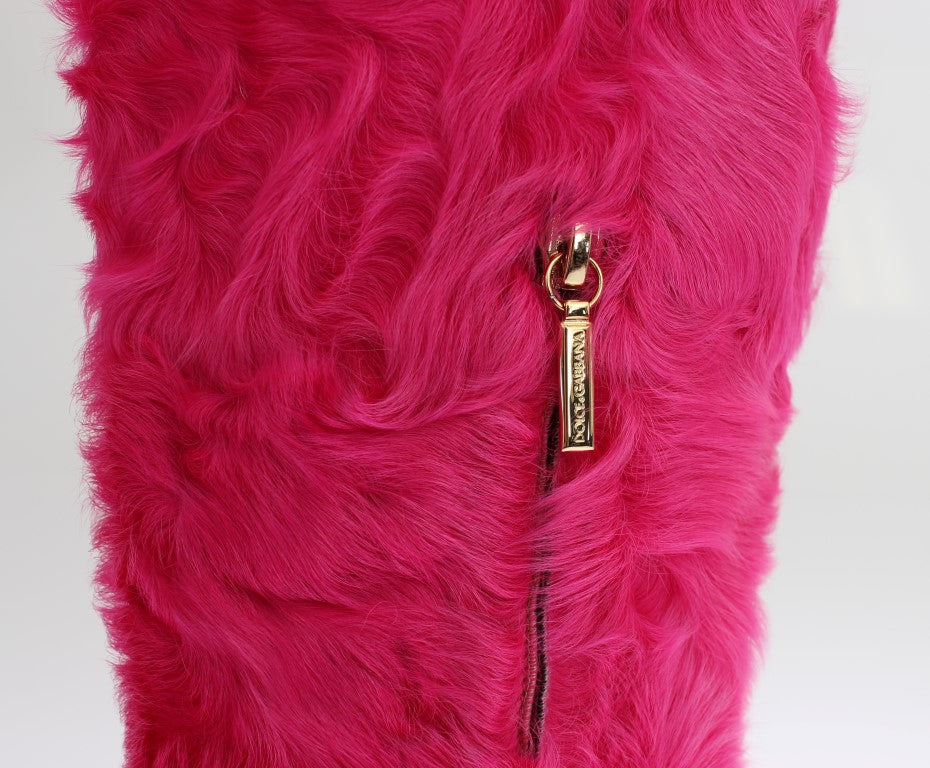 Dolce & Gabbana Pink Lamb Fur Leather Flat Boots Dolce & Gabbana