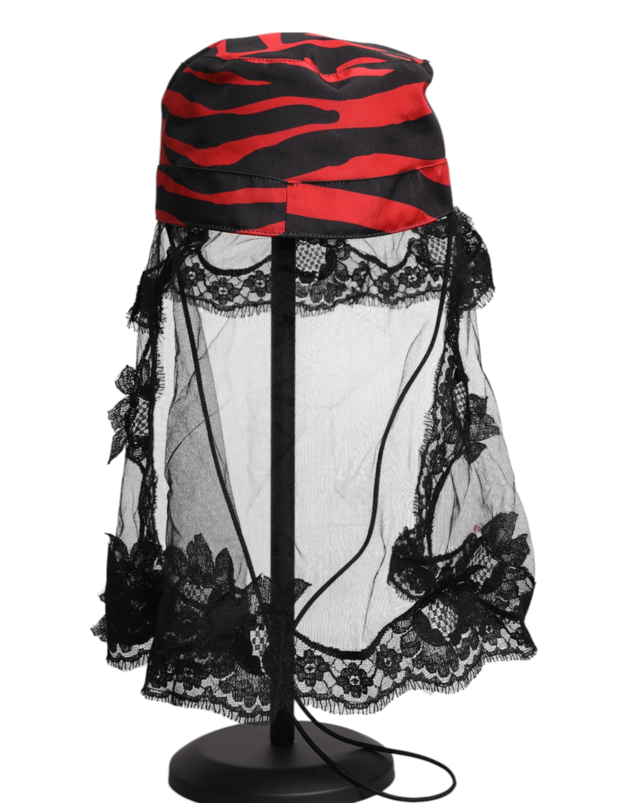 Dolce & Gabbana Black Red Stripes Lace Tulle Bucket Hat Dolce & Gabbana