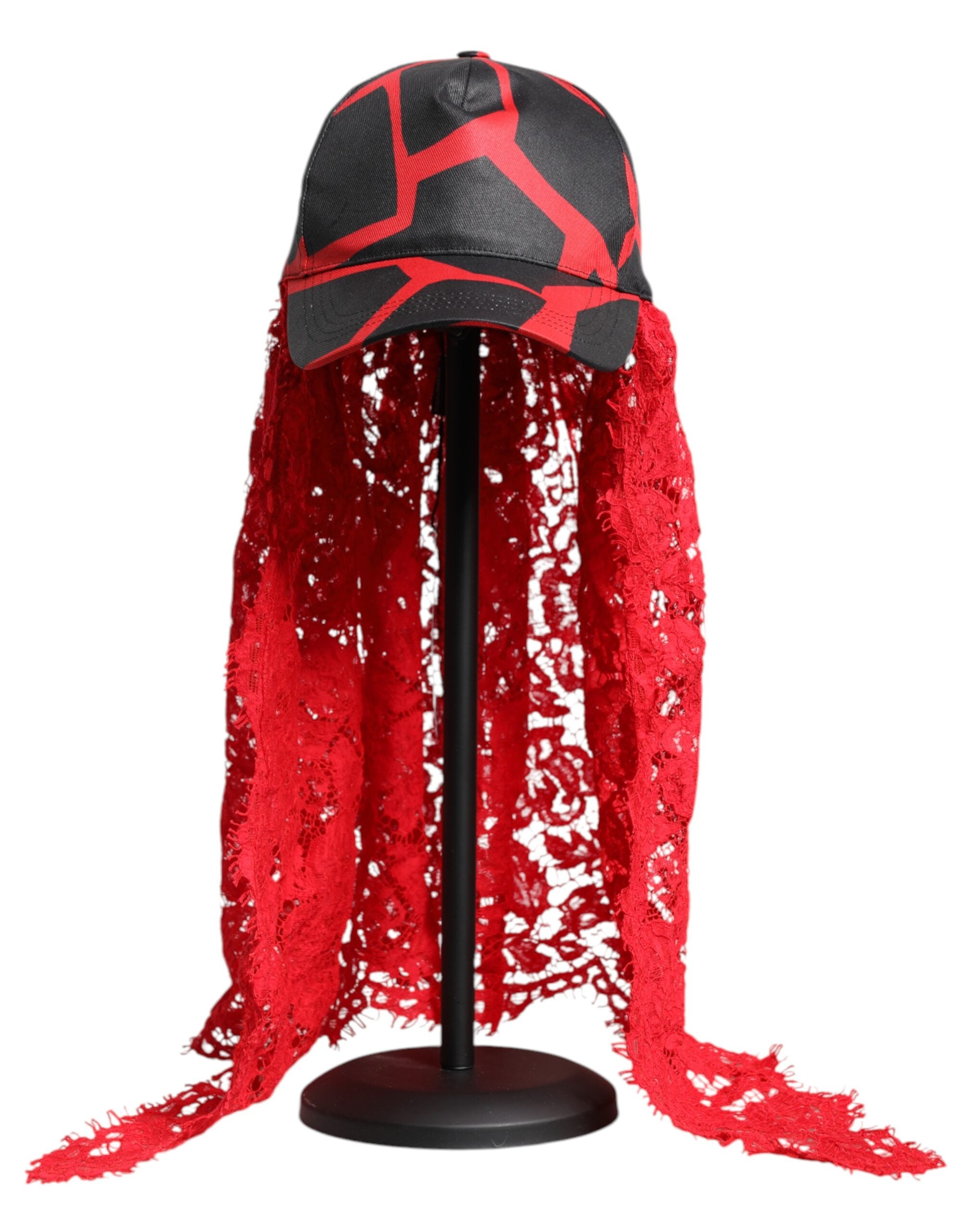 Dolce & Gabbana Red Black Lace Tulle Cotton Baseball Cap Dolce & Gabbana