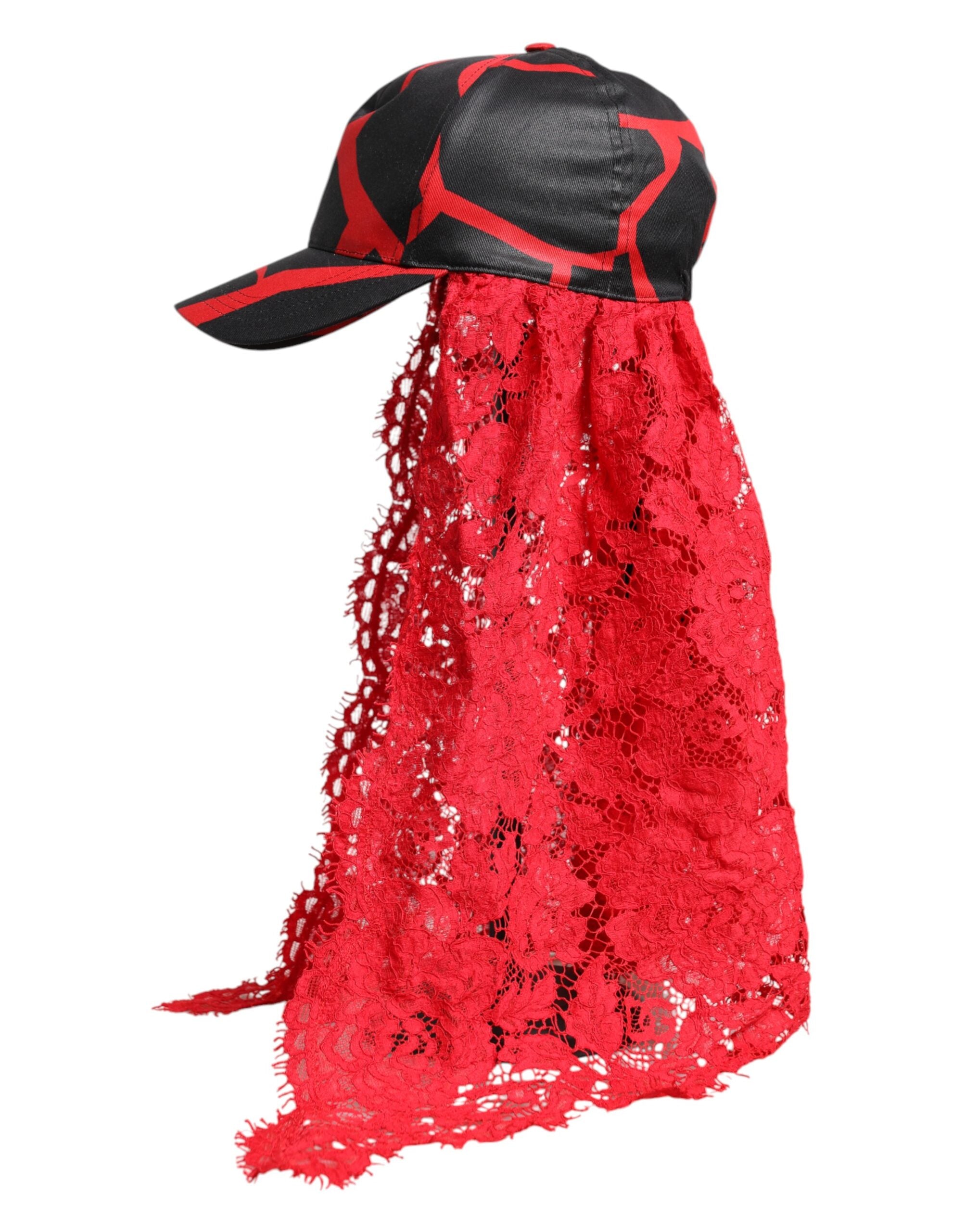 Dolce & Gabbana Red Black Lace Tulle Cotton Baseball Cap Dolce & Gabbana