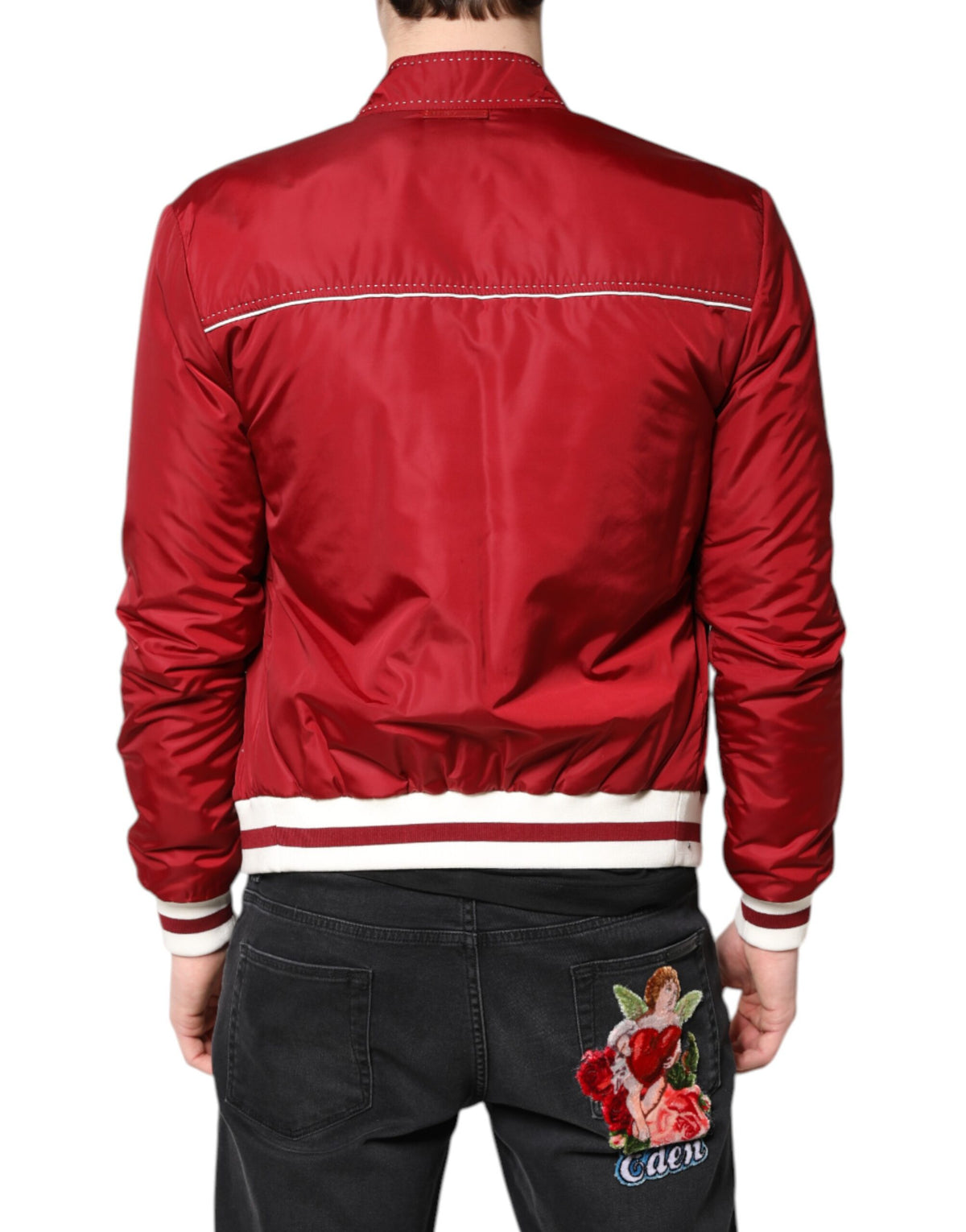 Dolce & Gabbana Red White Nylon Full Zip Men Bomber Jacket