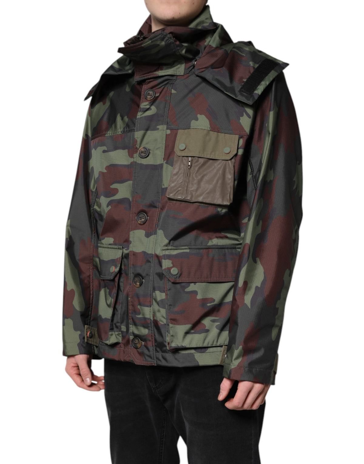 Dolce & Gabbana Multicolor Camouflage Button Hooded Jacket