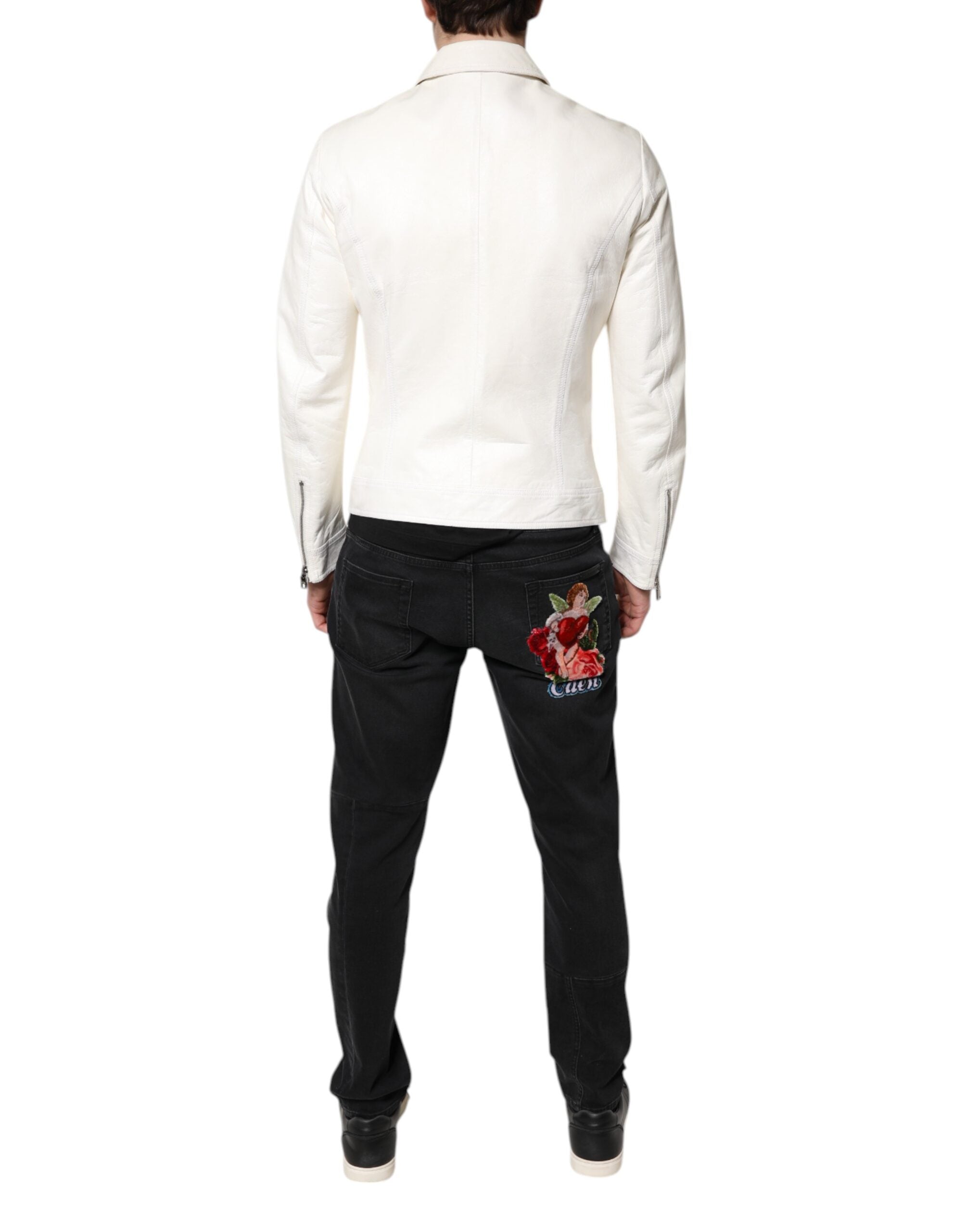 Dolce & Gabbana White Collared Full Zip Biker Coat Jacket Dolce & Gabbana