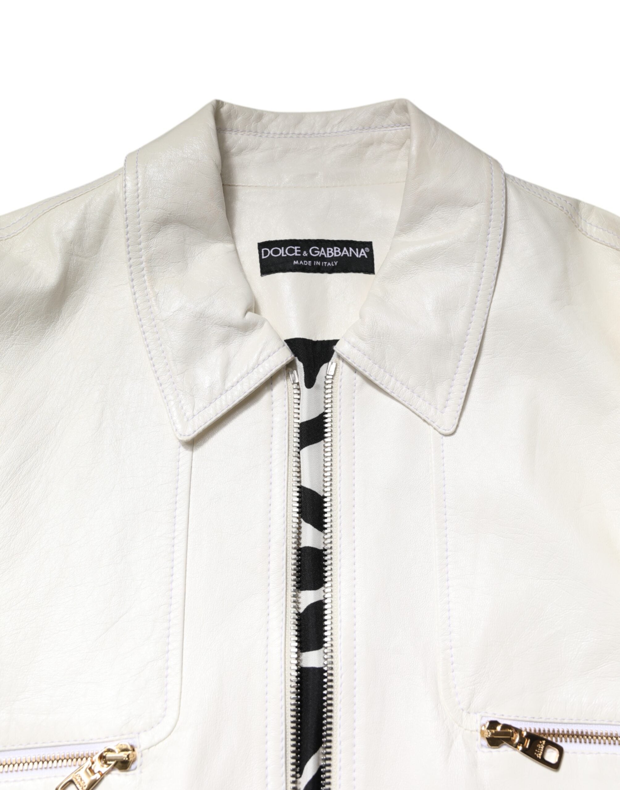 Dolce & Gabbana White Collared Full Zip Biker Coat Jacket Dolce & Gabbana