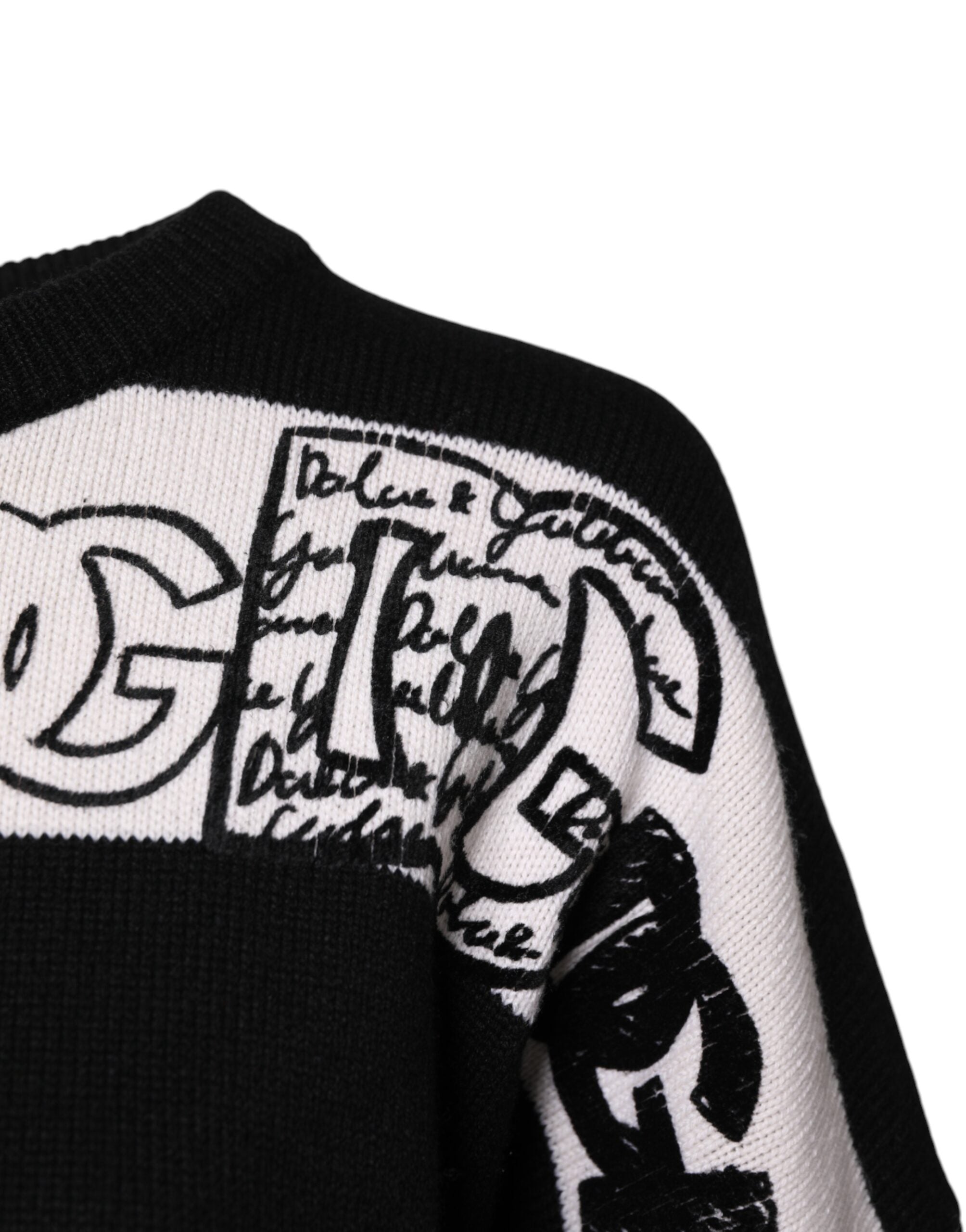 Dolce & Gabbana Black White Logo Print Wool Pullover Sweater Dolce & Gabbana