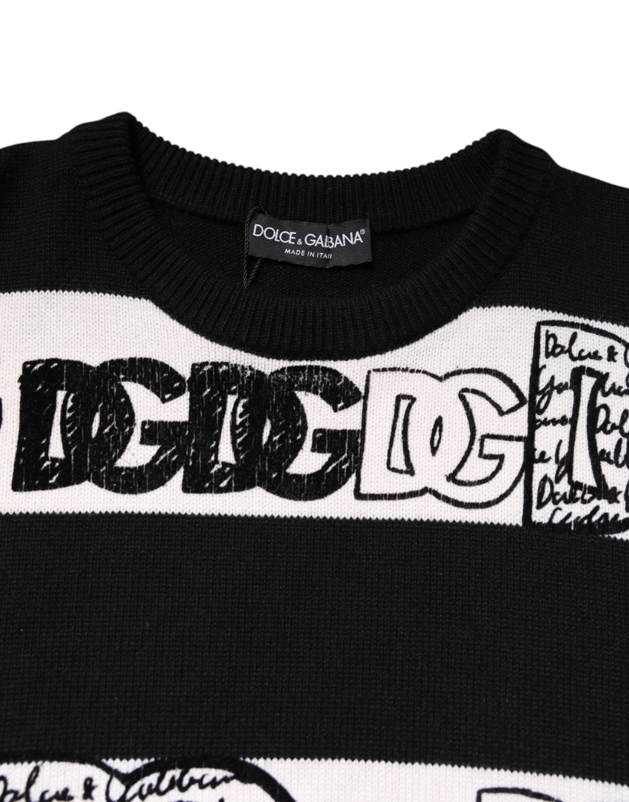 Dolce & Gabbana Black White Logo Print Wool Pullover Sweater Dolce & Gabbana