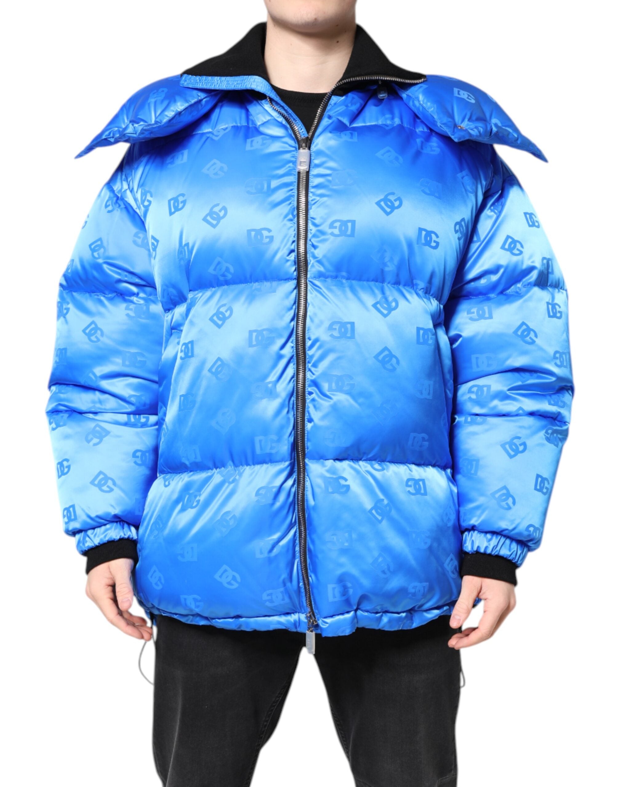 Dolce & Gabbana Blue Logo Full Zip Hooded Quilted Jacket Dolce & Gabbana